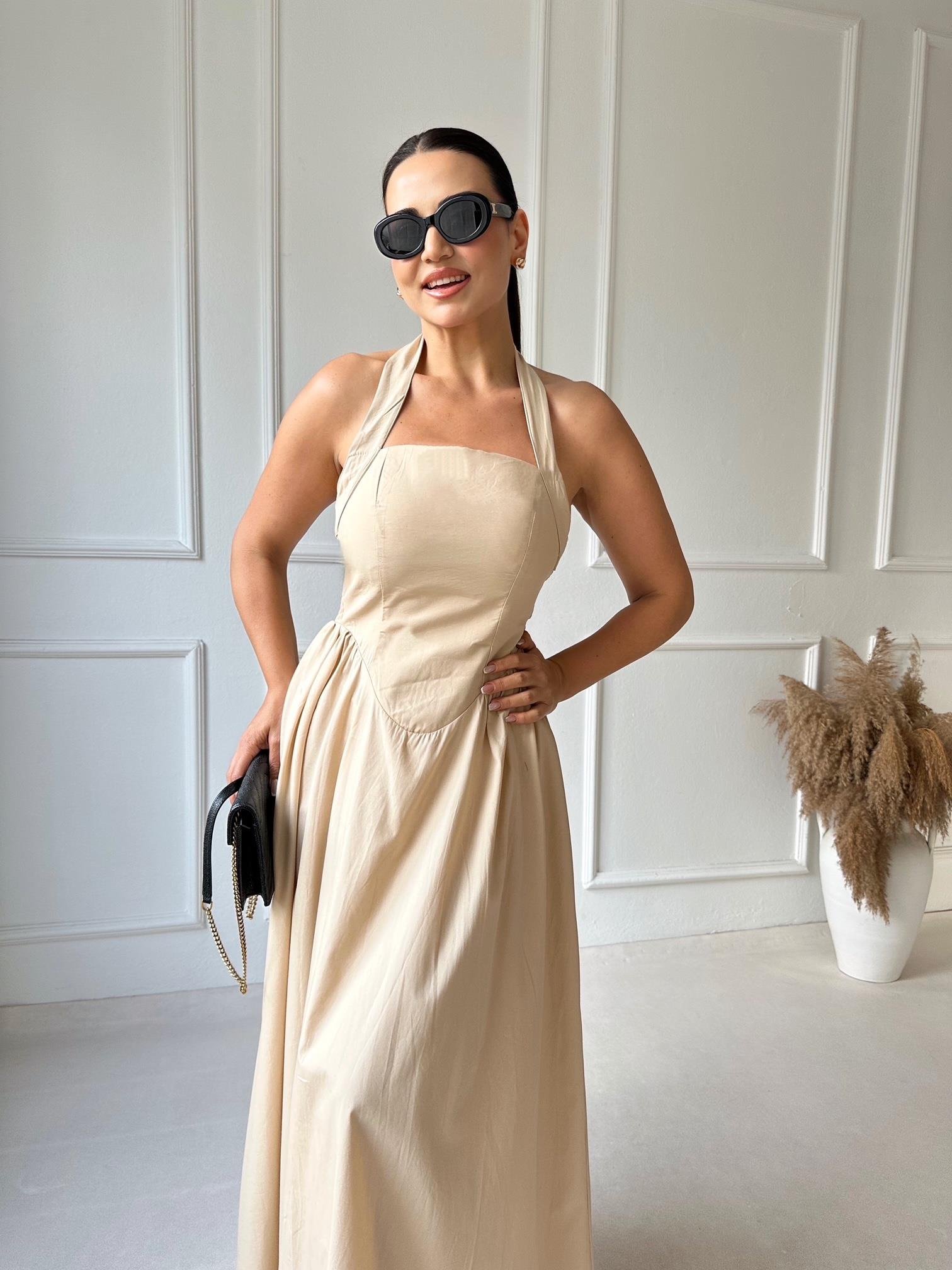 Premium Kalite Halter Yaka Maksi Elbise Butter Yellow