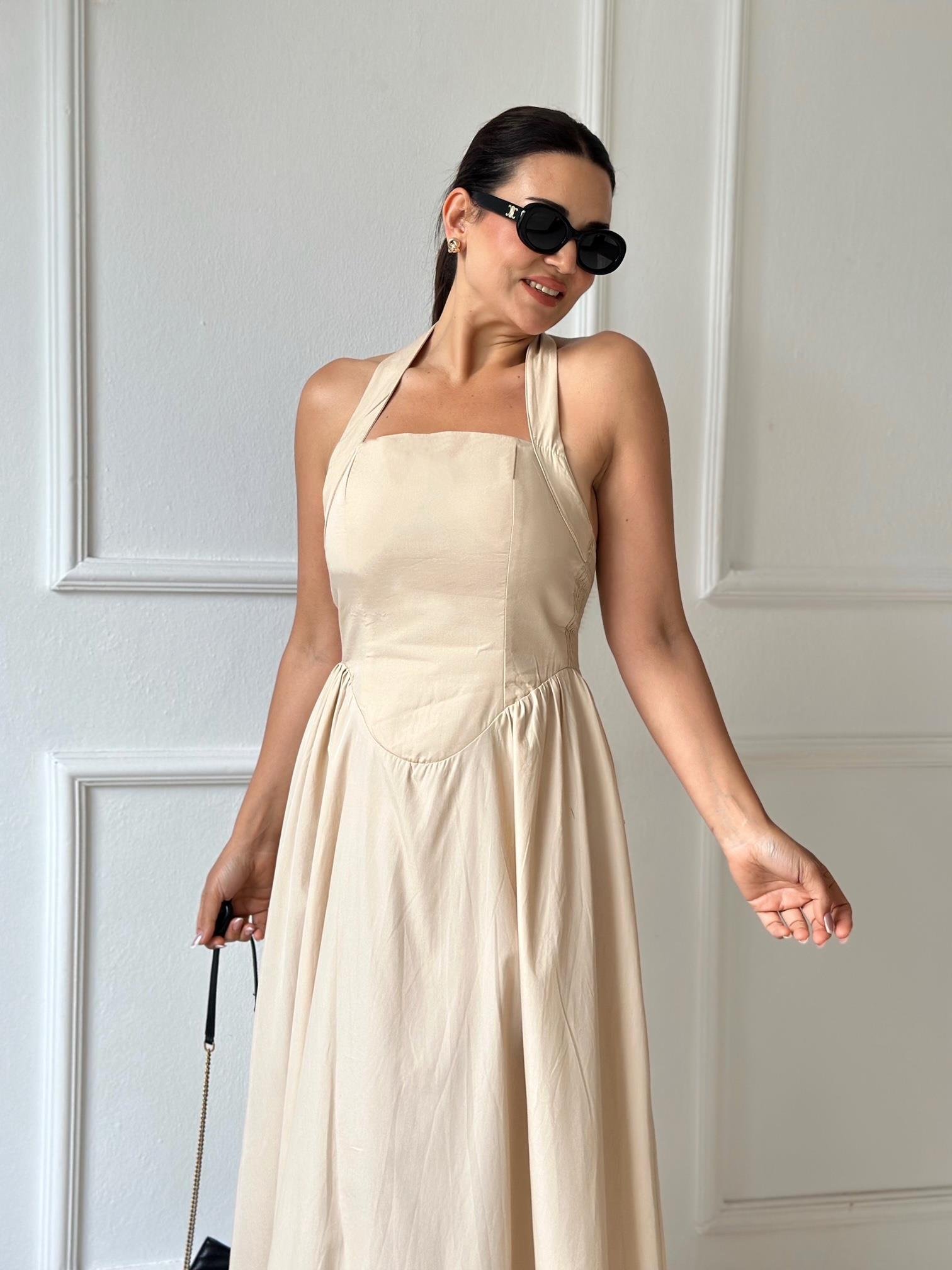 Premium Kalite Halter Yaka Maksi Elbise Butter Yellow