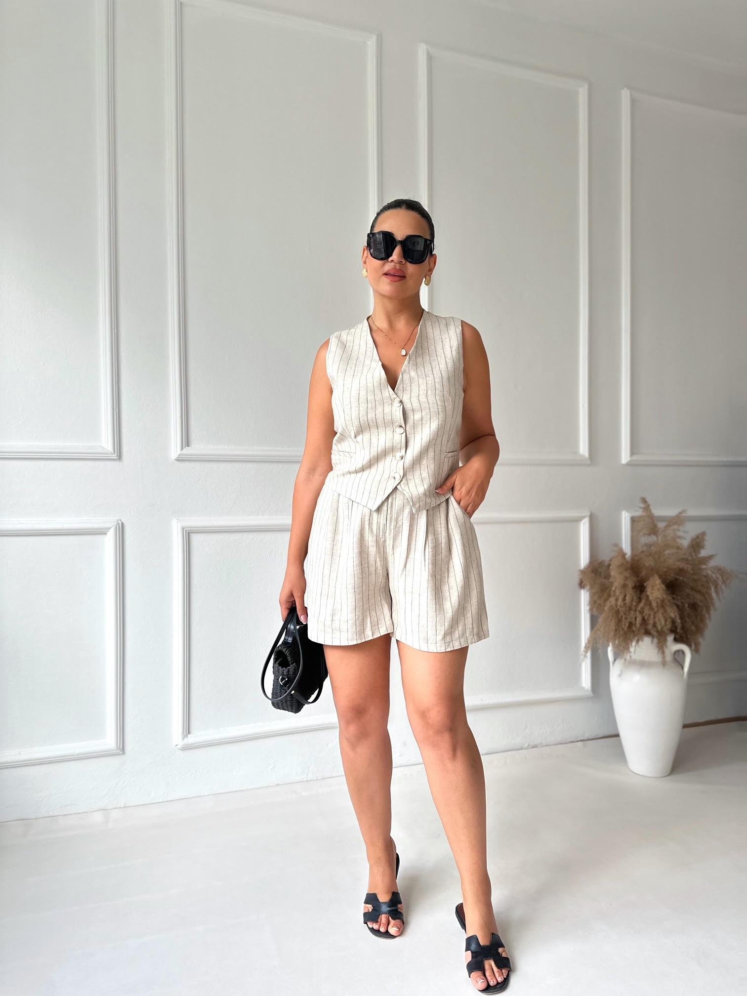 Premium Kalite Ham Keten Çizgili Şort Yelek Takım