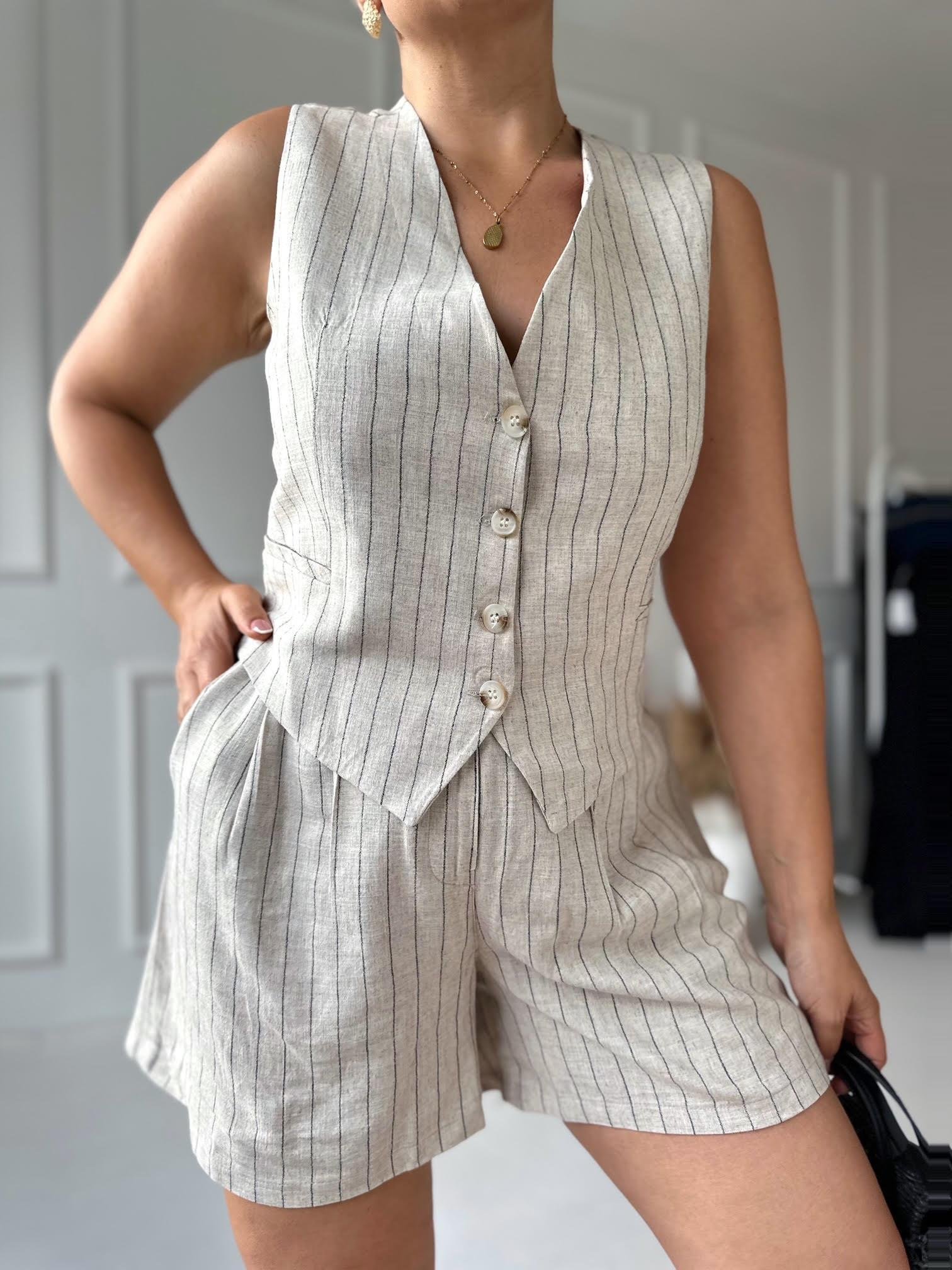 Premium Kalite Ham Keten Çizgili Şort Yelek Takım