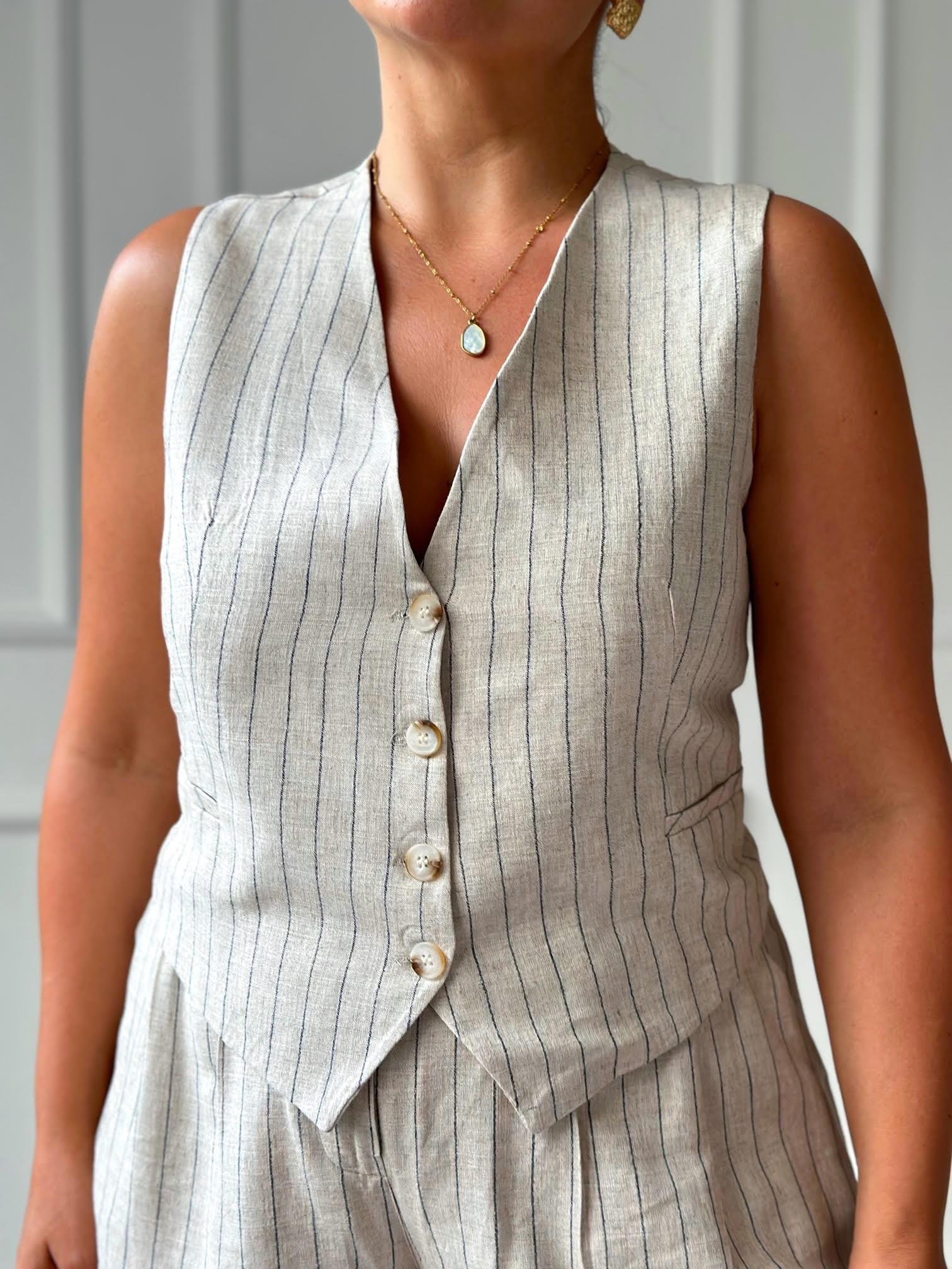 Premium Kalite Ham Keten Çizgili Şort Yelek Takım