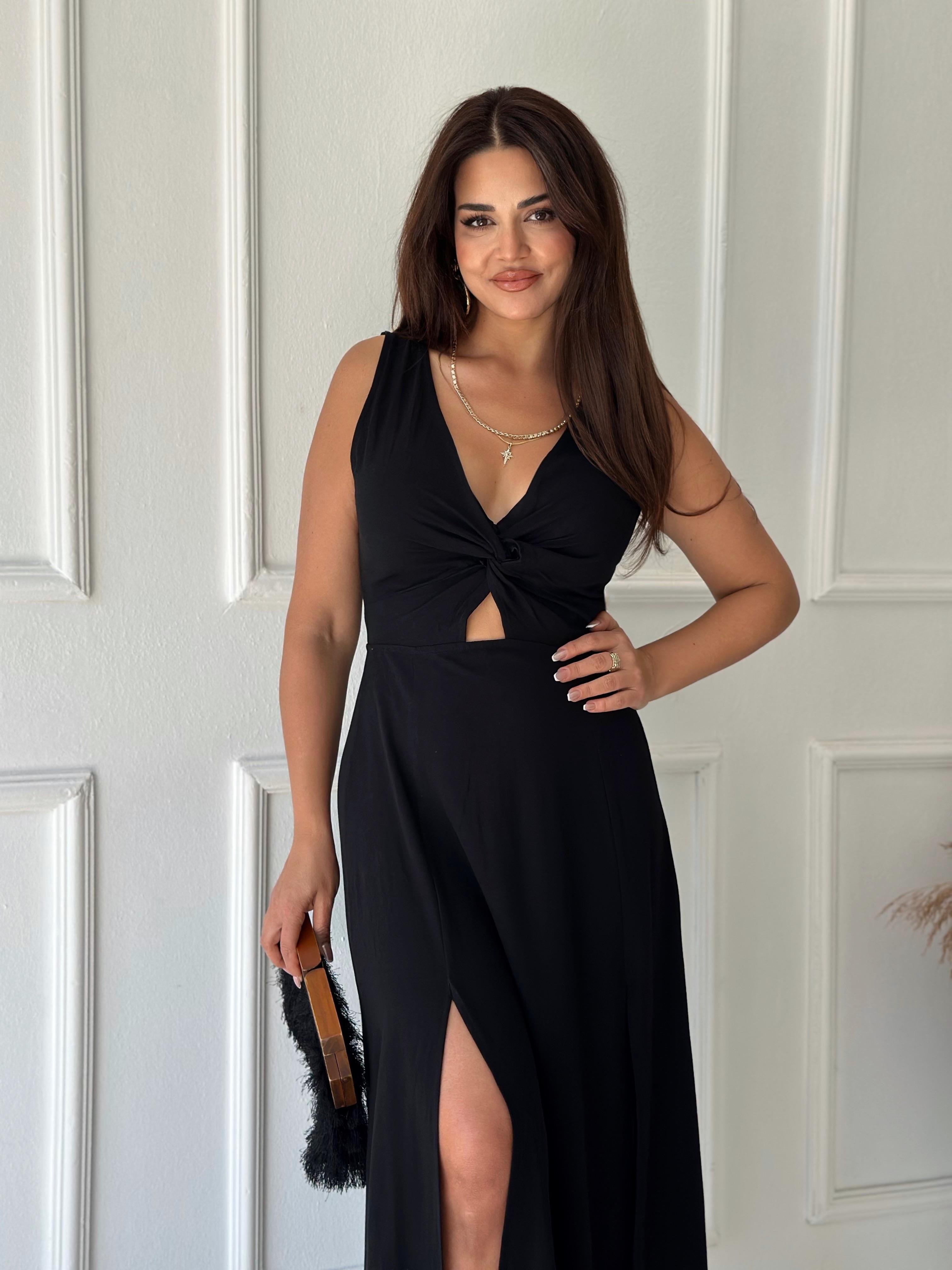 Premium Kalite Ham Keten V Yaka Yırtmaçlı Siyah Elbise | Nora Butik