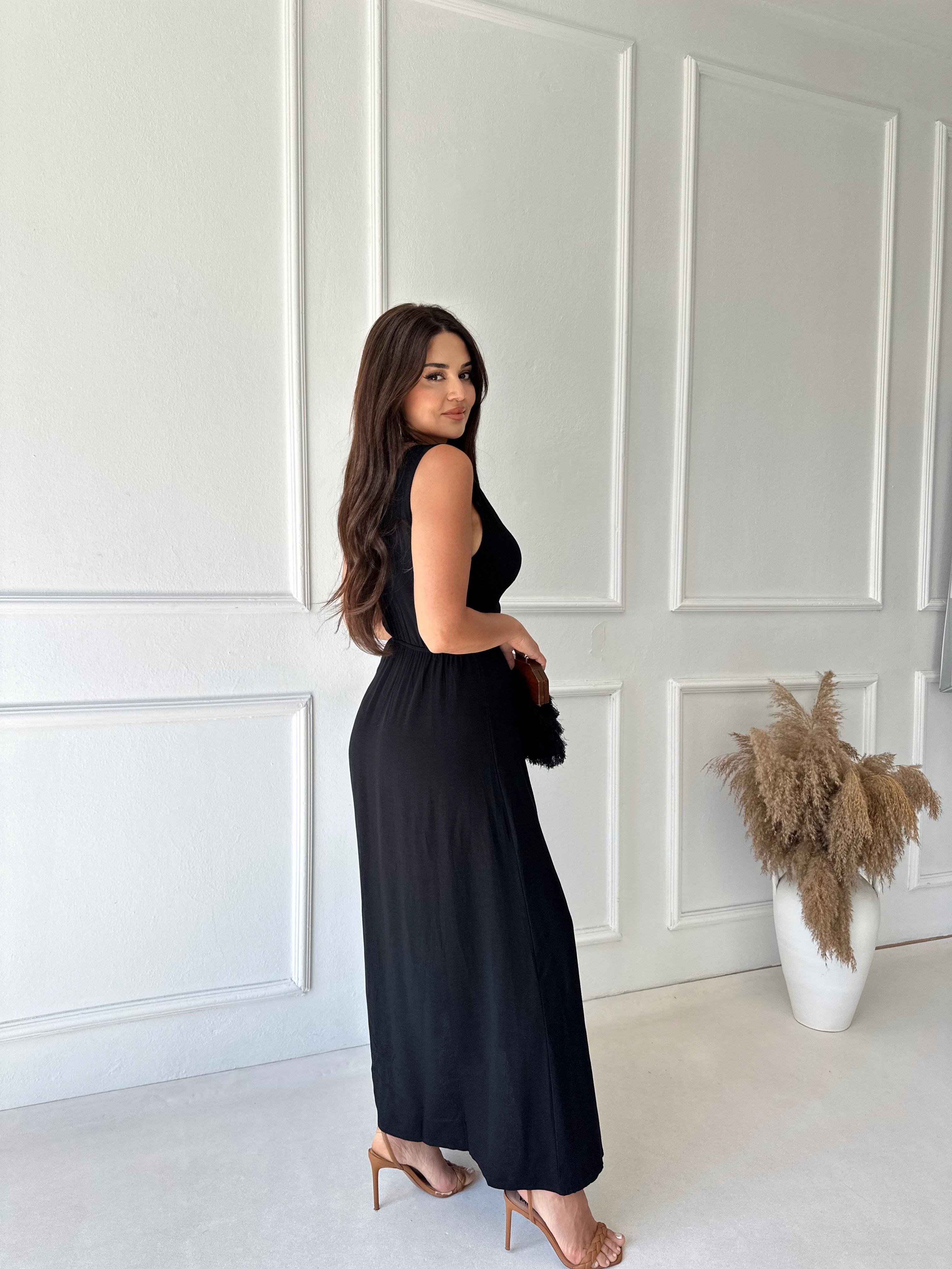 Premium Kalite Ham Keten V Yaka Yırtmaçlı Siyah Elbise | Nora Butik