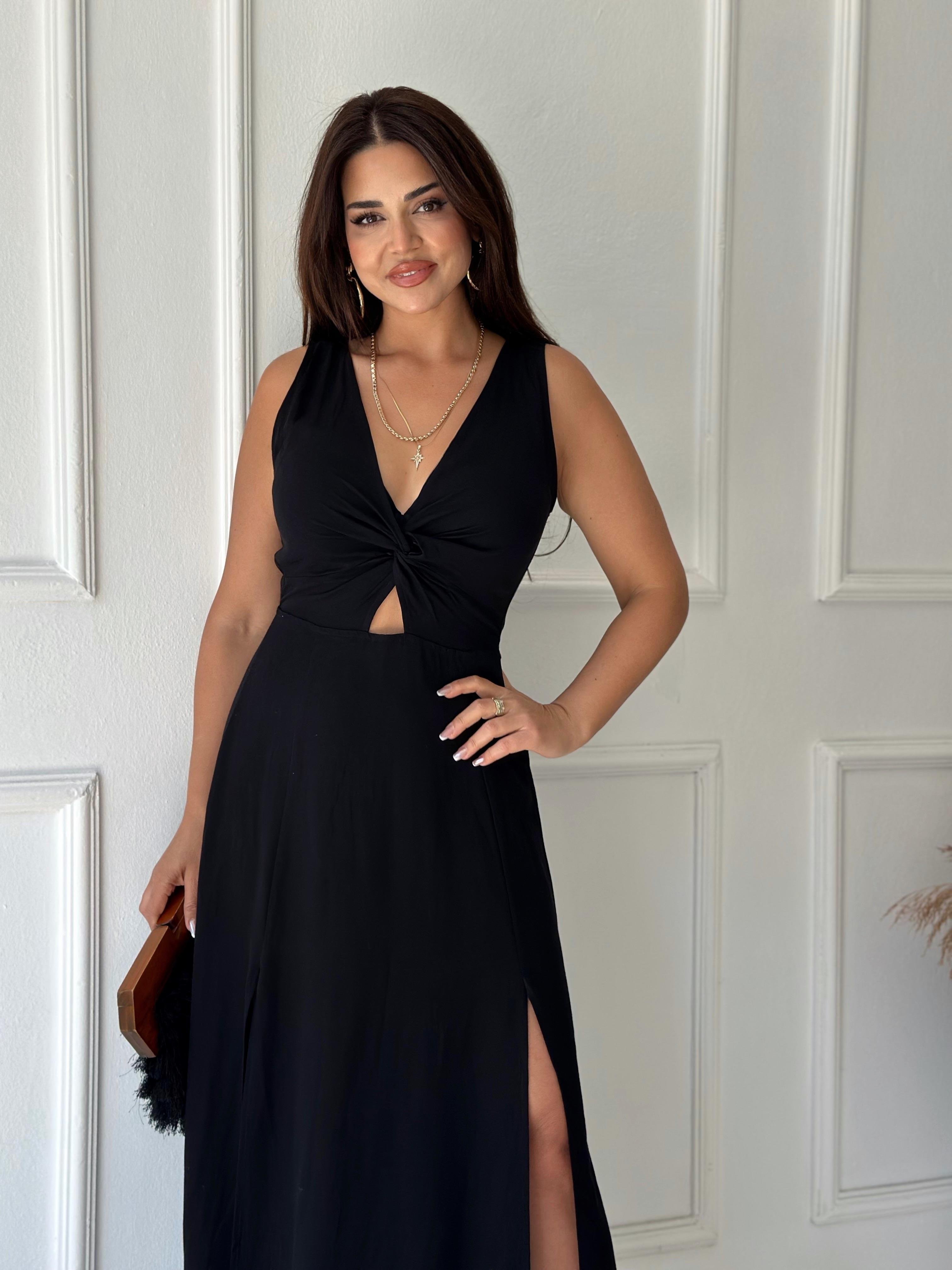 Premium Kalite Ham Keten V Yaka Yırtmaçlı Siyah Elbise | Nora Butik