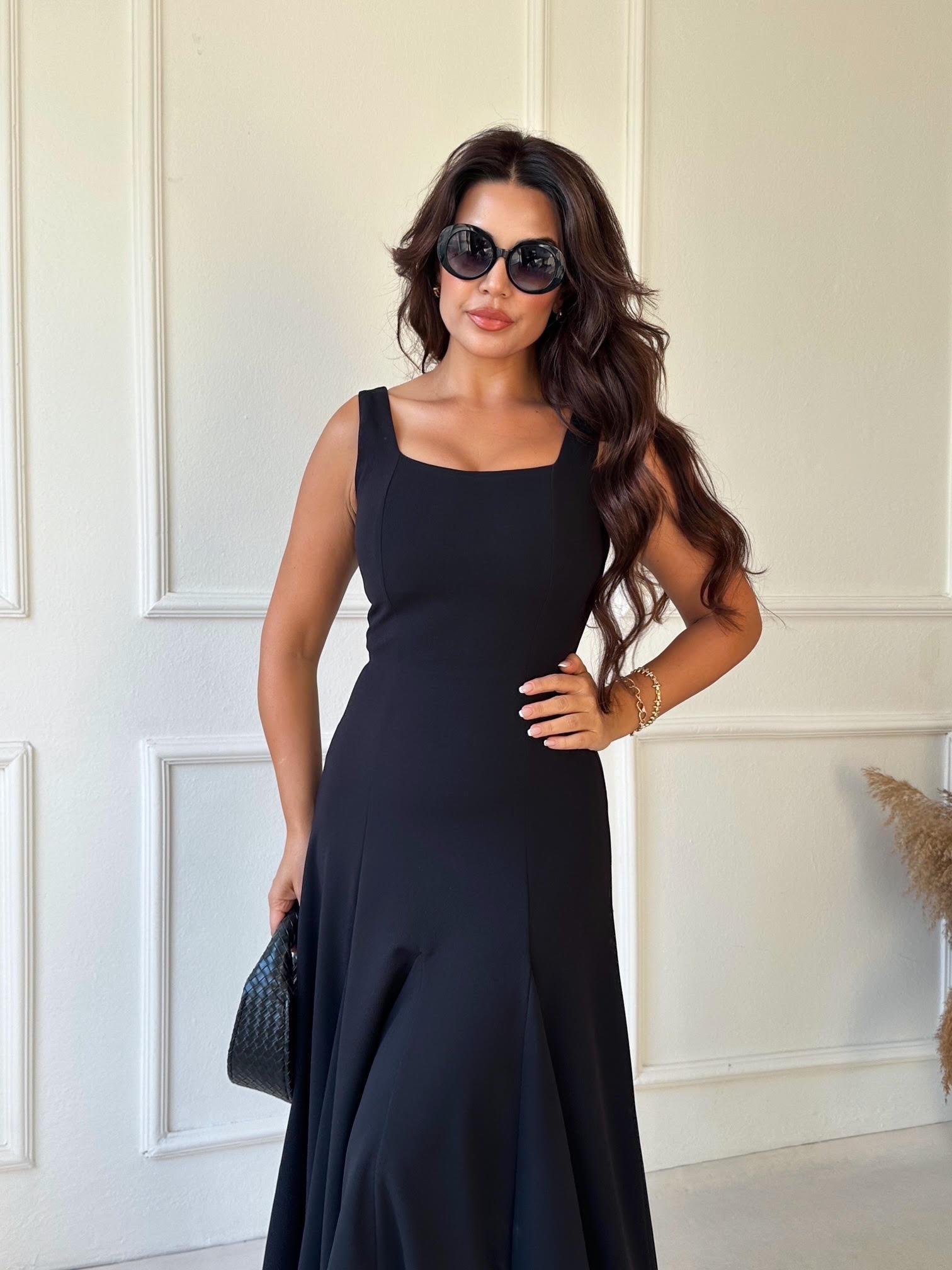 Premium Kalite Kare Yaka Kloş Etek Midi Elbise