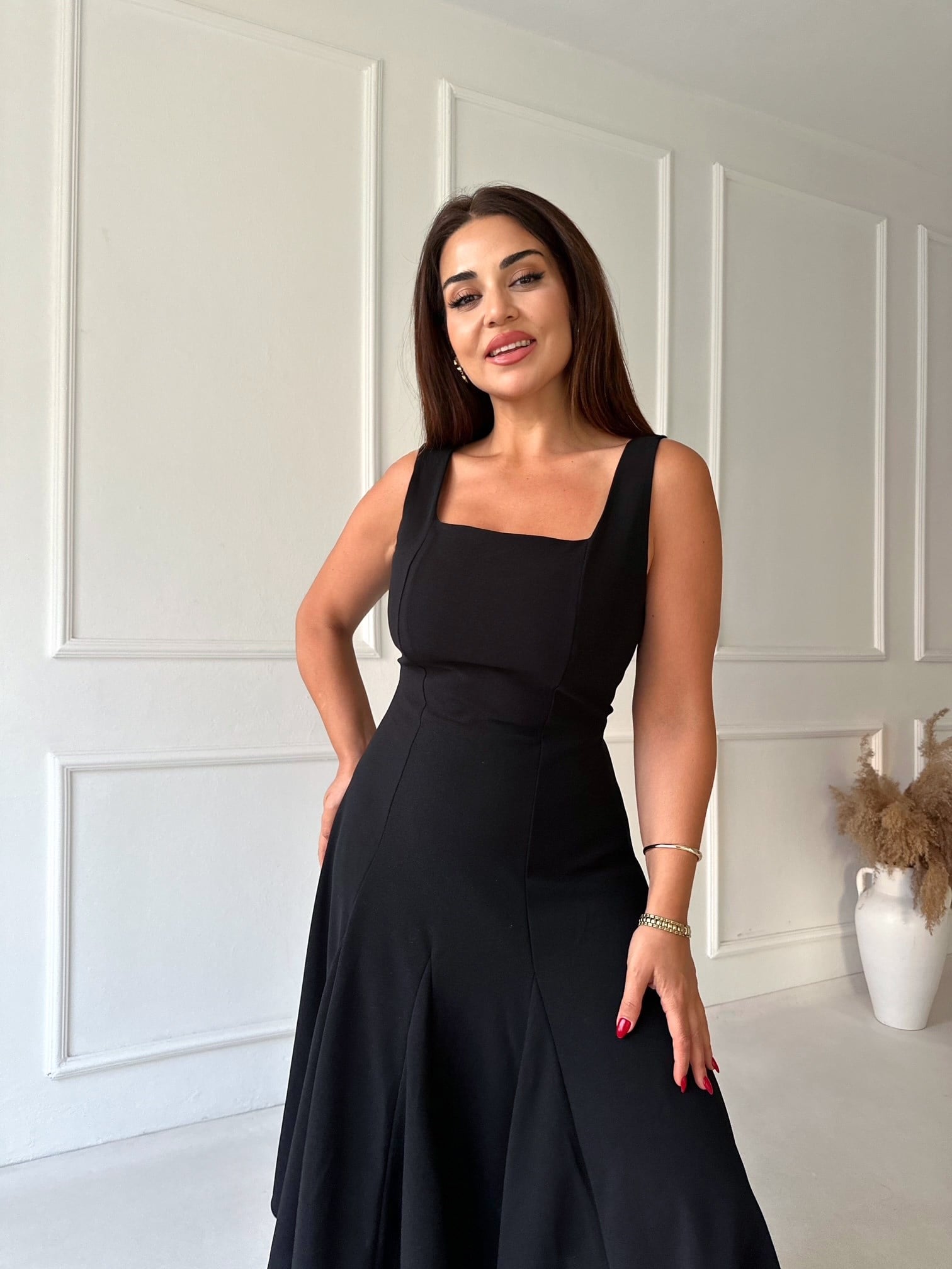 Premium Kalite Kare Yaka Kloş Etek Midi Elbise