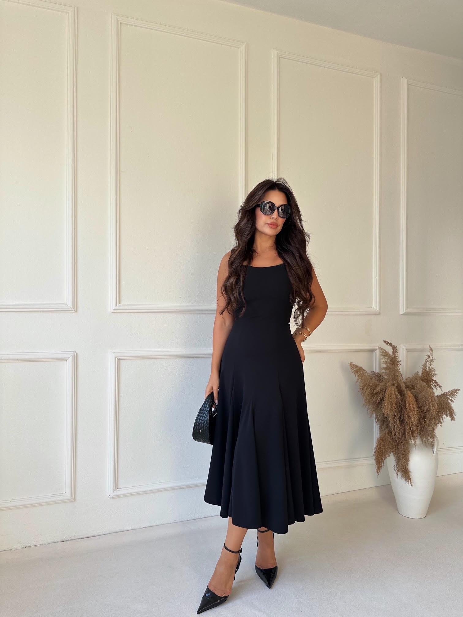 Premium Kalite Kare Yaka Kloş Etek Midi Elbise