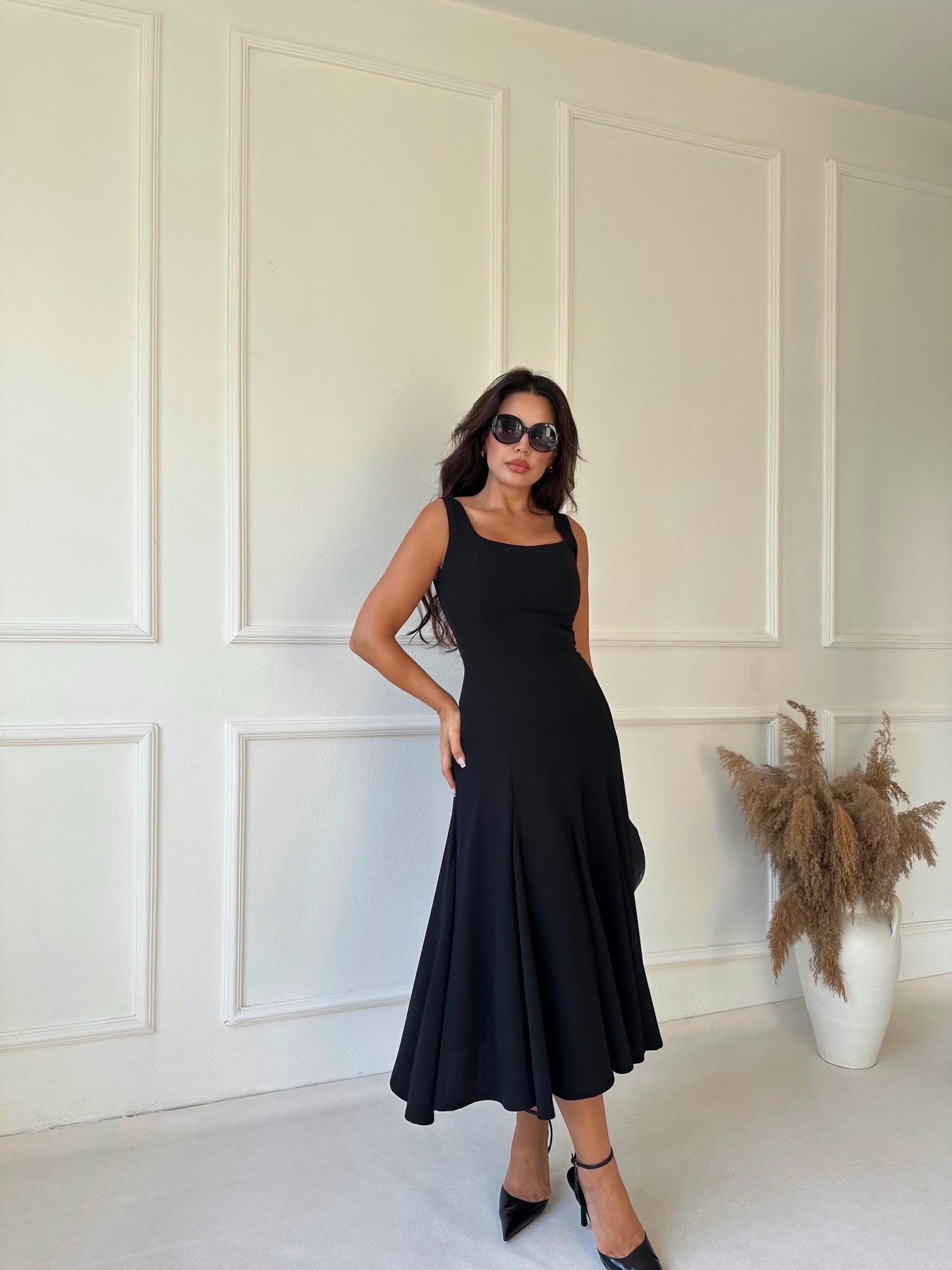 Premium Kalite Kare Yaka Kloş Etek Midi Elbise