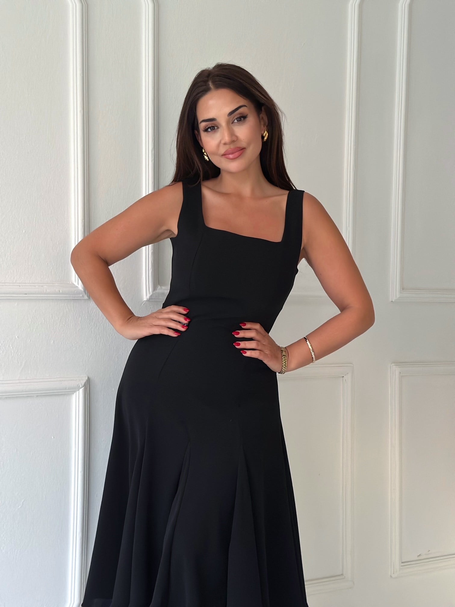 Premium Kalite Kare Yaka Kloş Etek Midi Elbise