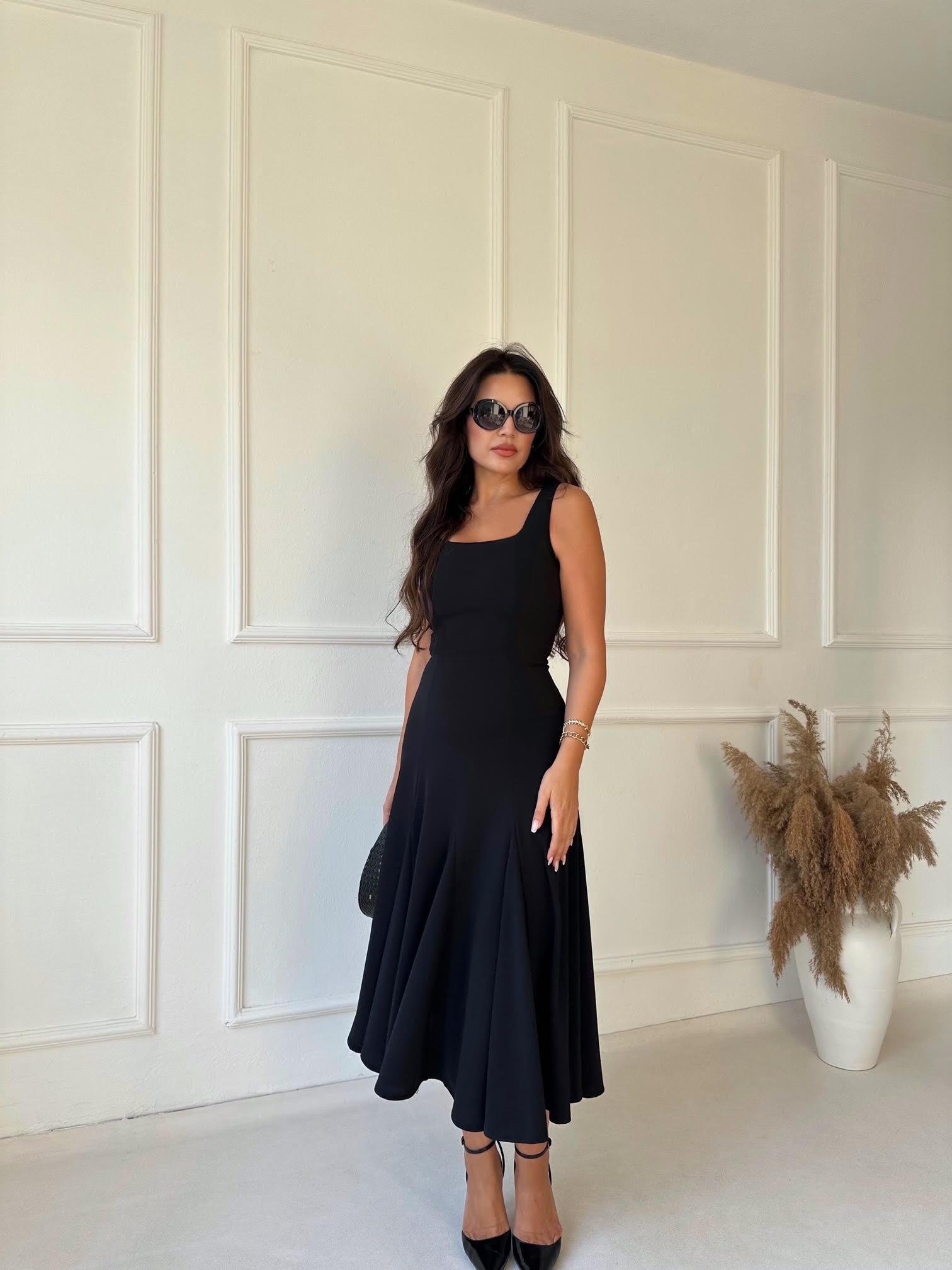 Premium Kalite Kare Yaka Kloş Etek Midi Elbise