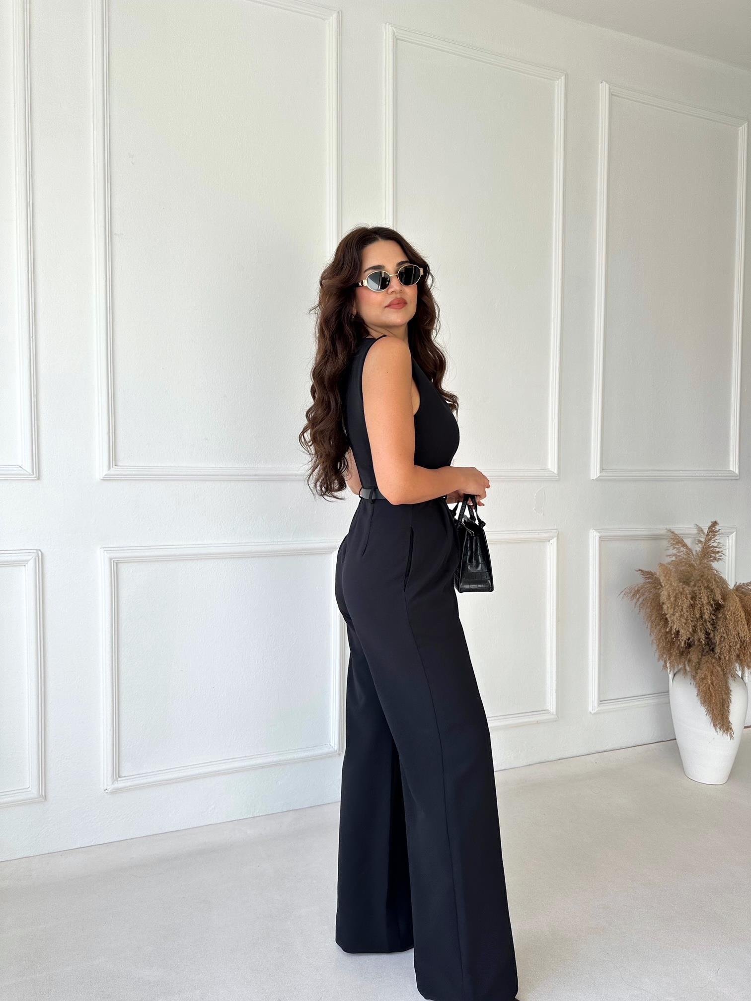 Premium Kalite Kemerli V Yaka Tulum