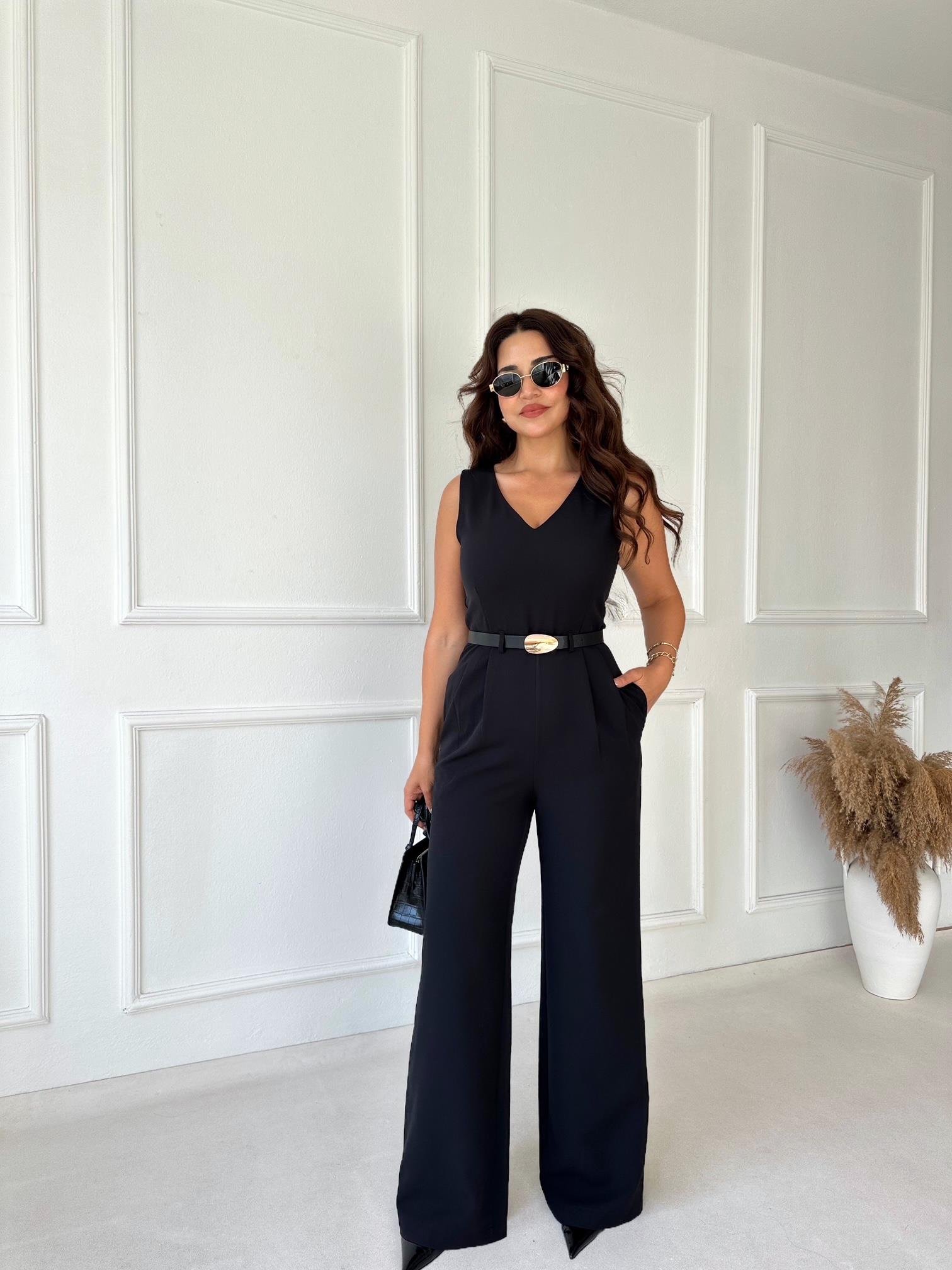 Premium Kalite Kemerli V Yaka Tulum