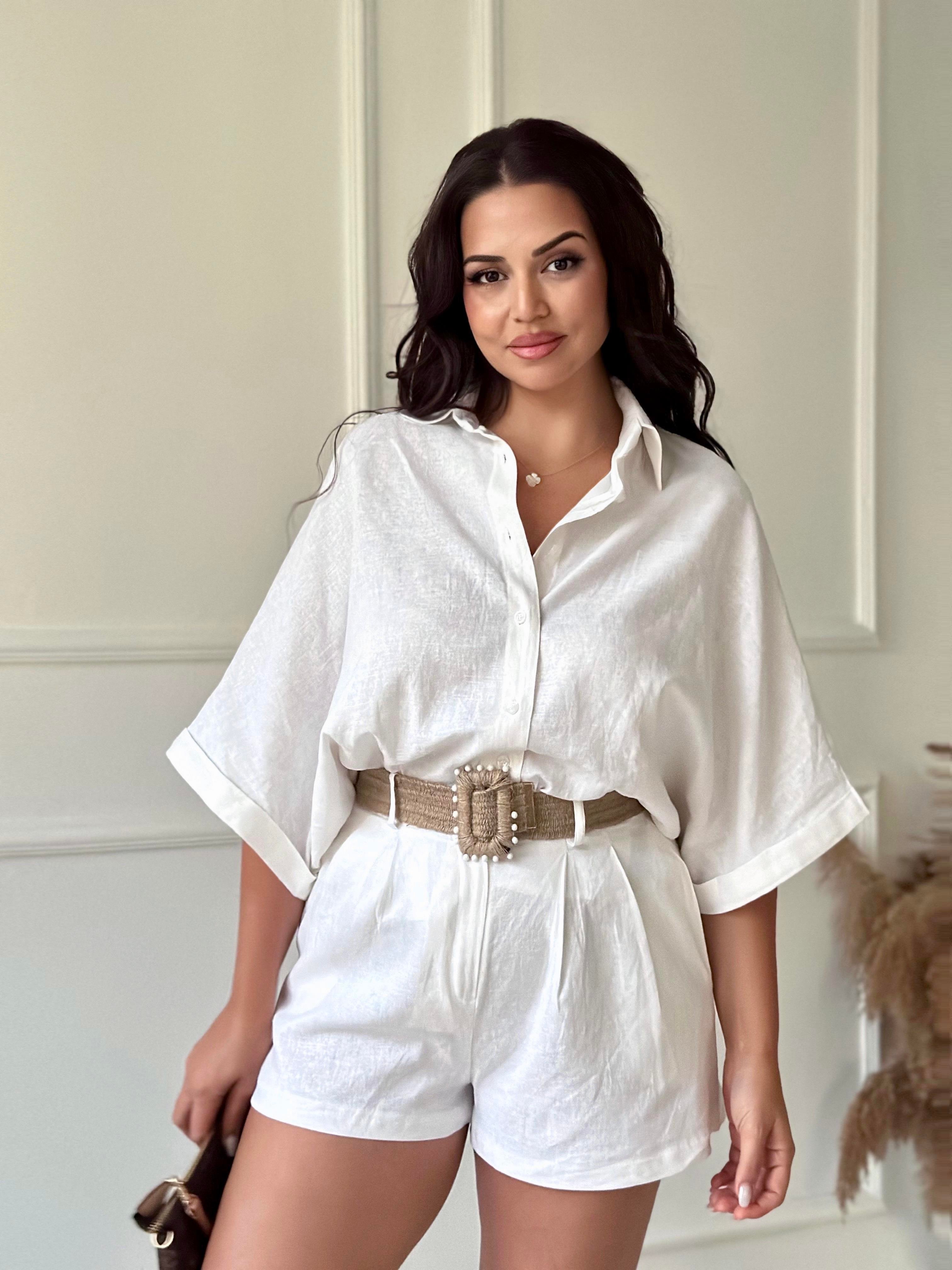 Premium Kalite Keten Kemerli Gömlek Şort Takım Beyaz