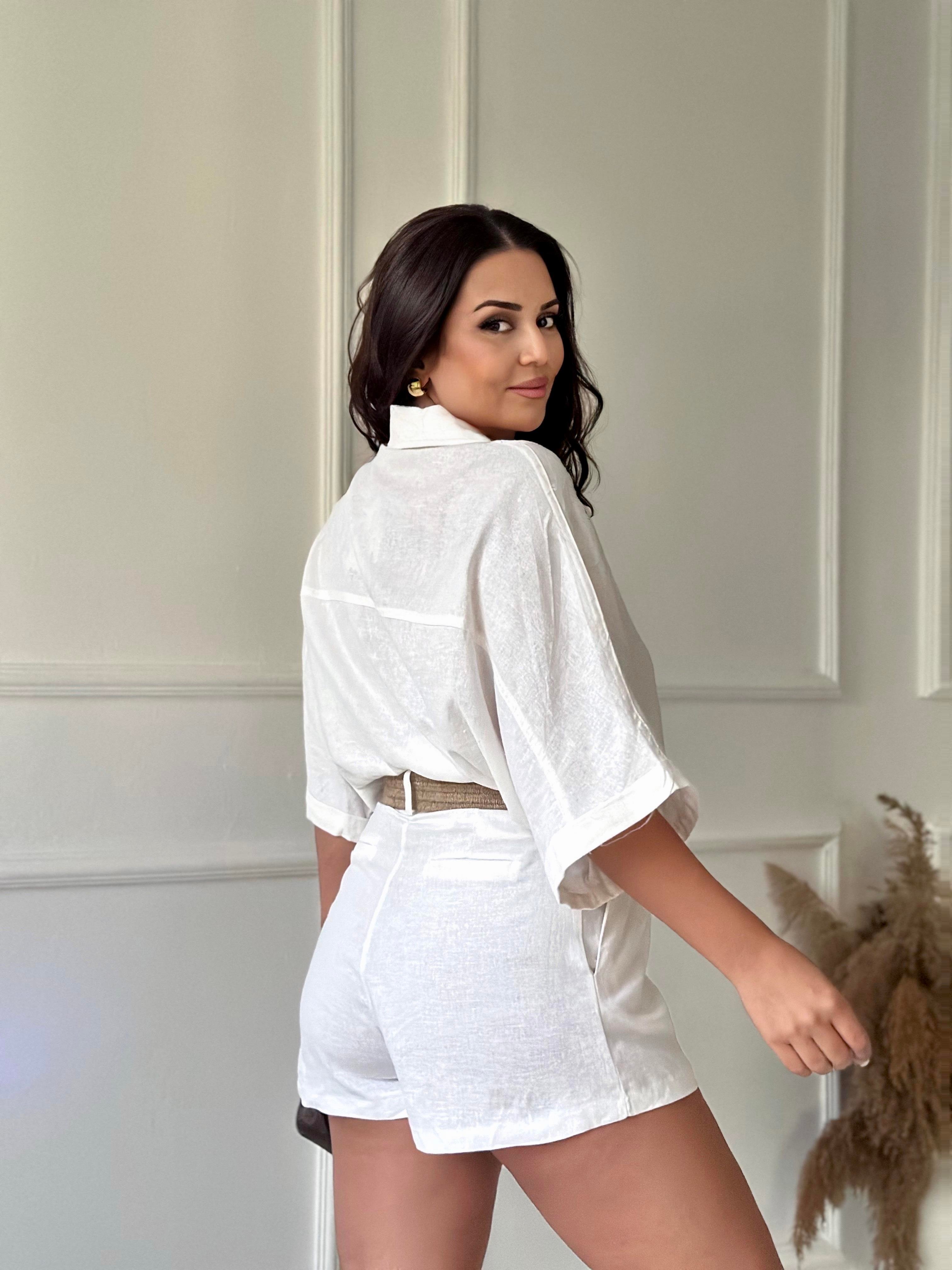 Premium Kalite Keten Kemerli Gömlek Şort Takım Beyaz