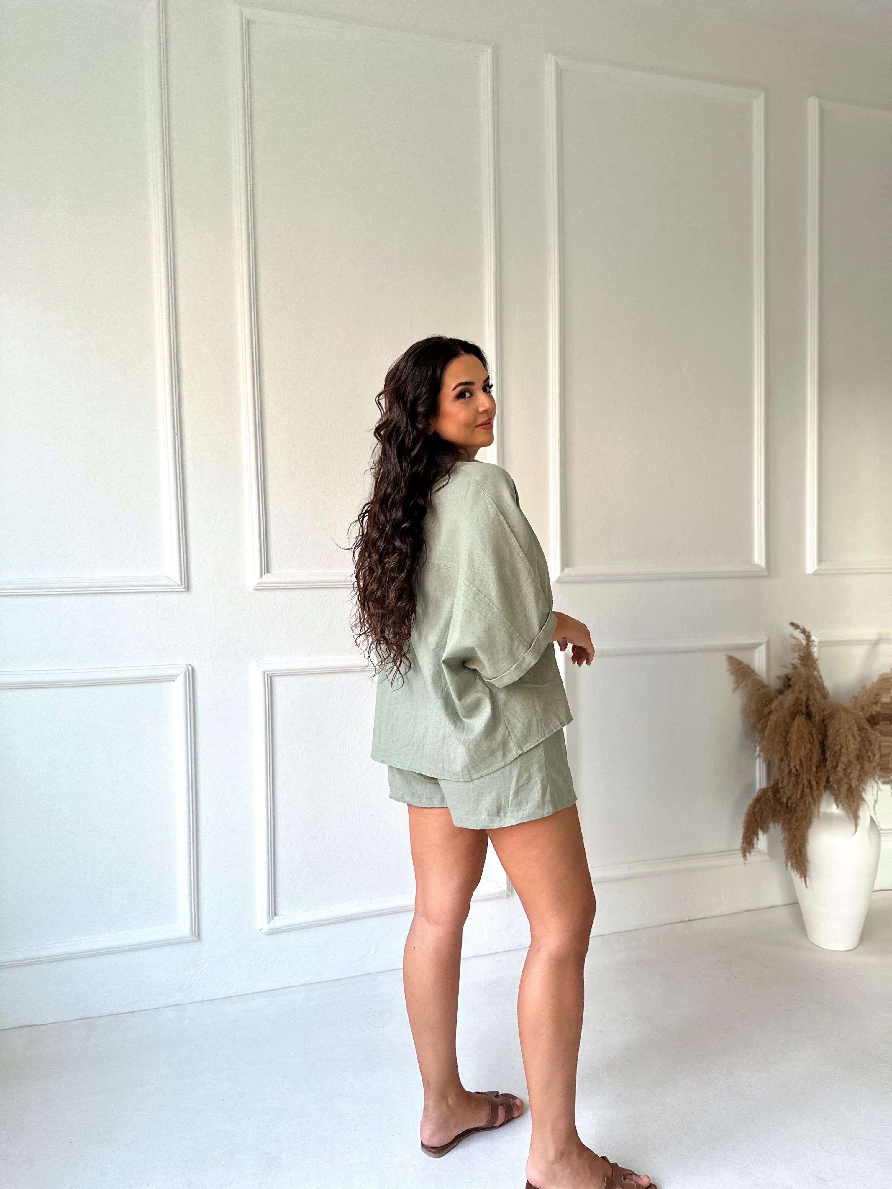 Premium Kalite Keten Kemerli Gömlek Şort Takım Çağla Yeşili