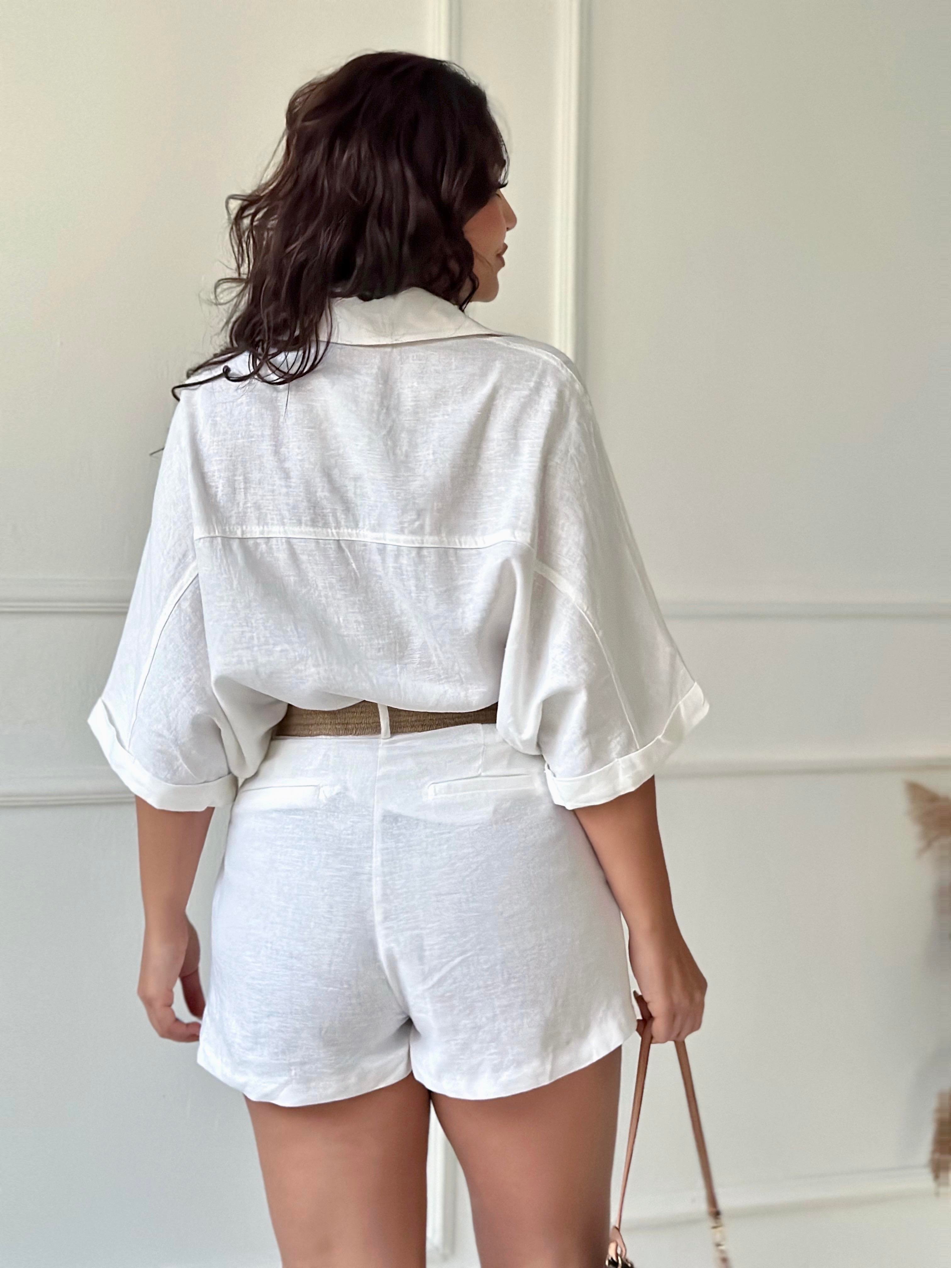 Premium Kalite Keten Kemerli Gömlek Şort Takım Beyaz