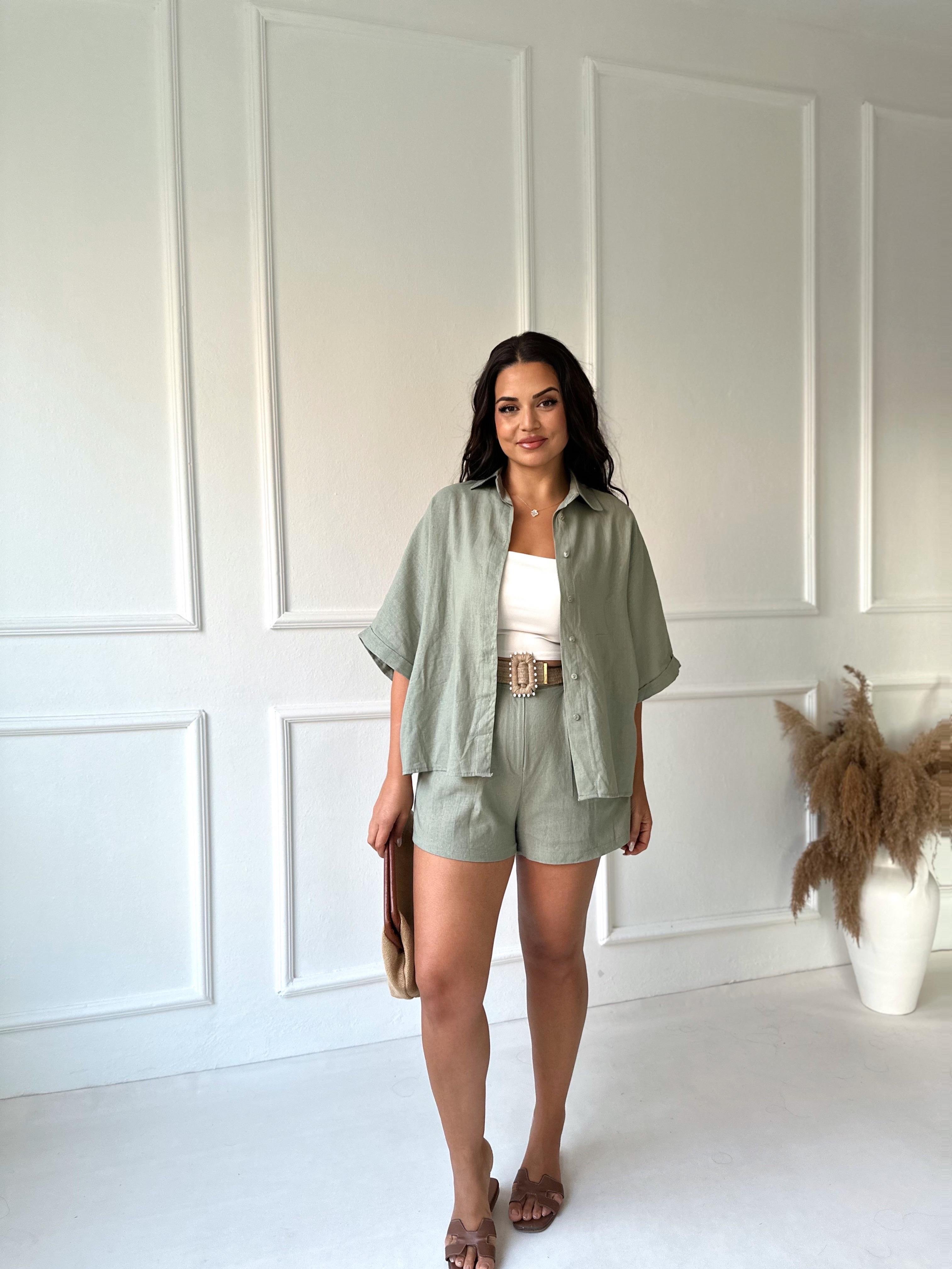 Premium Kalite Keten Kemerli Gömlek Şort Takım Çağla Yeşili