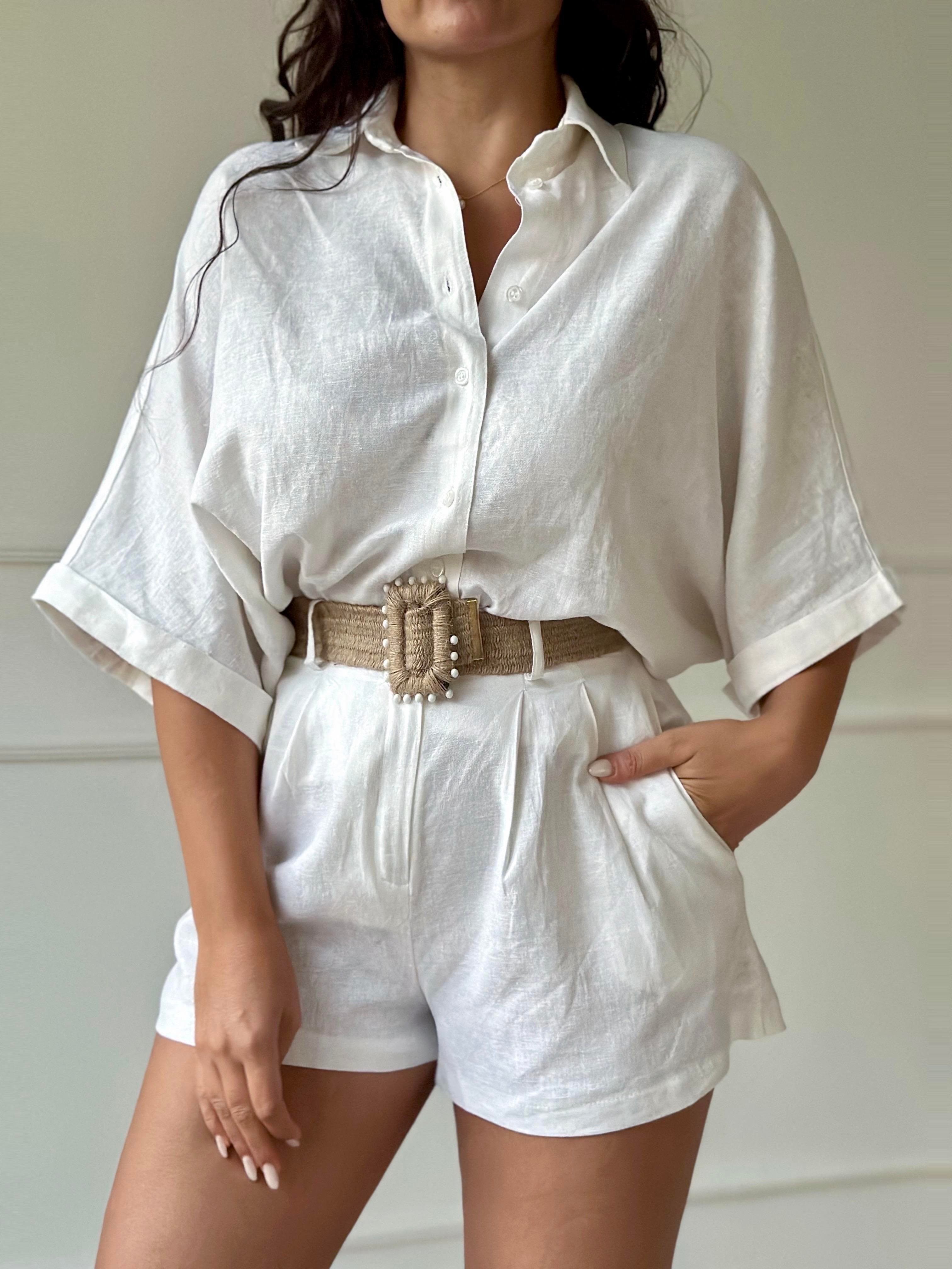 Premium Kalite Keten Kemerli Gömlek Şort Takım Beyaz