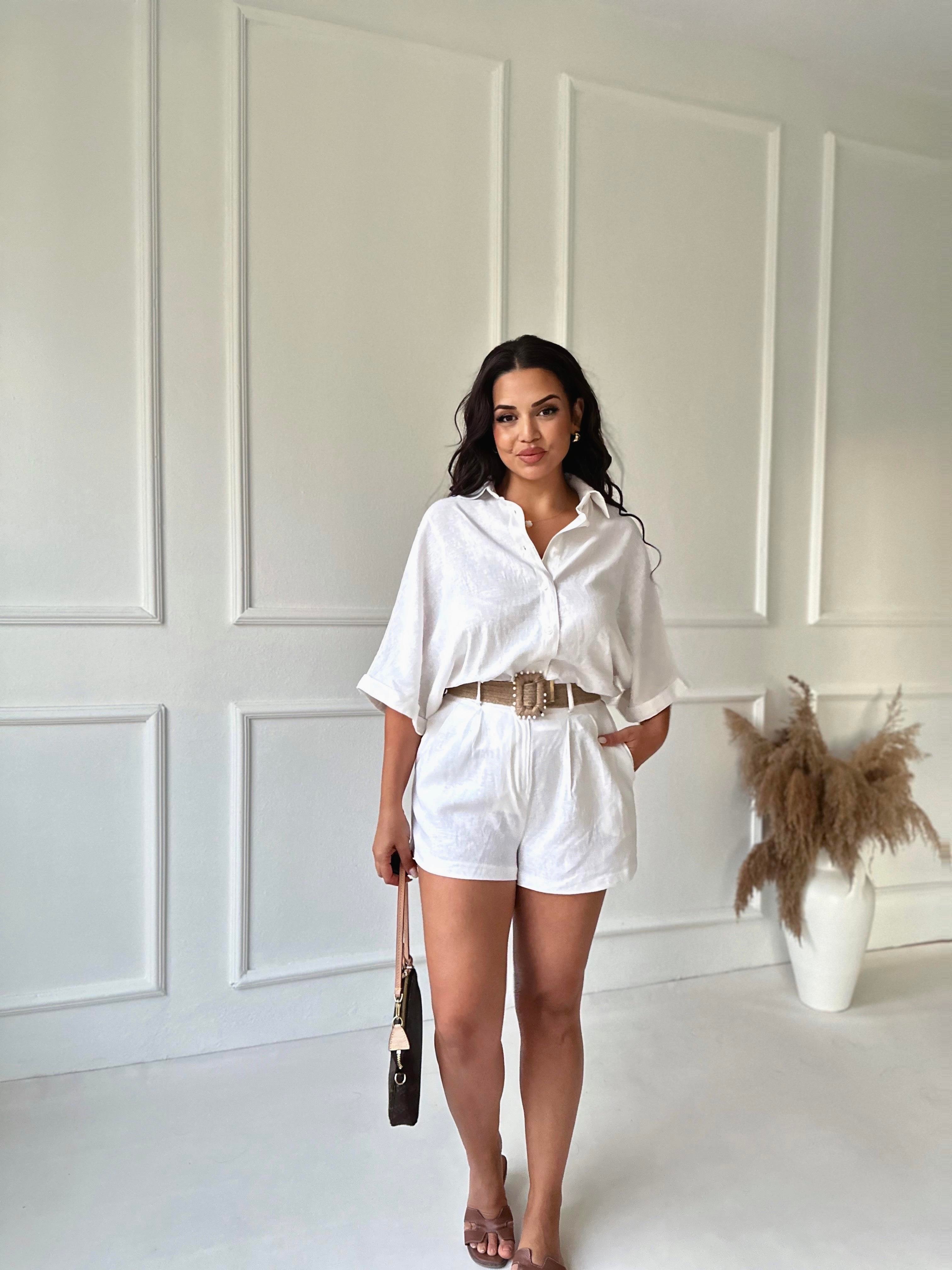 Premium Kalite Keten Kemerli Gömlek Şort Takım Beyaz