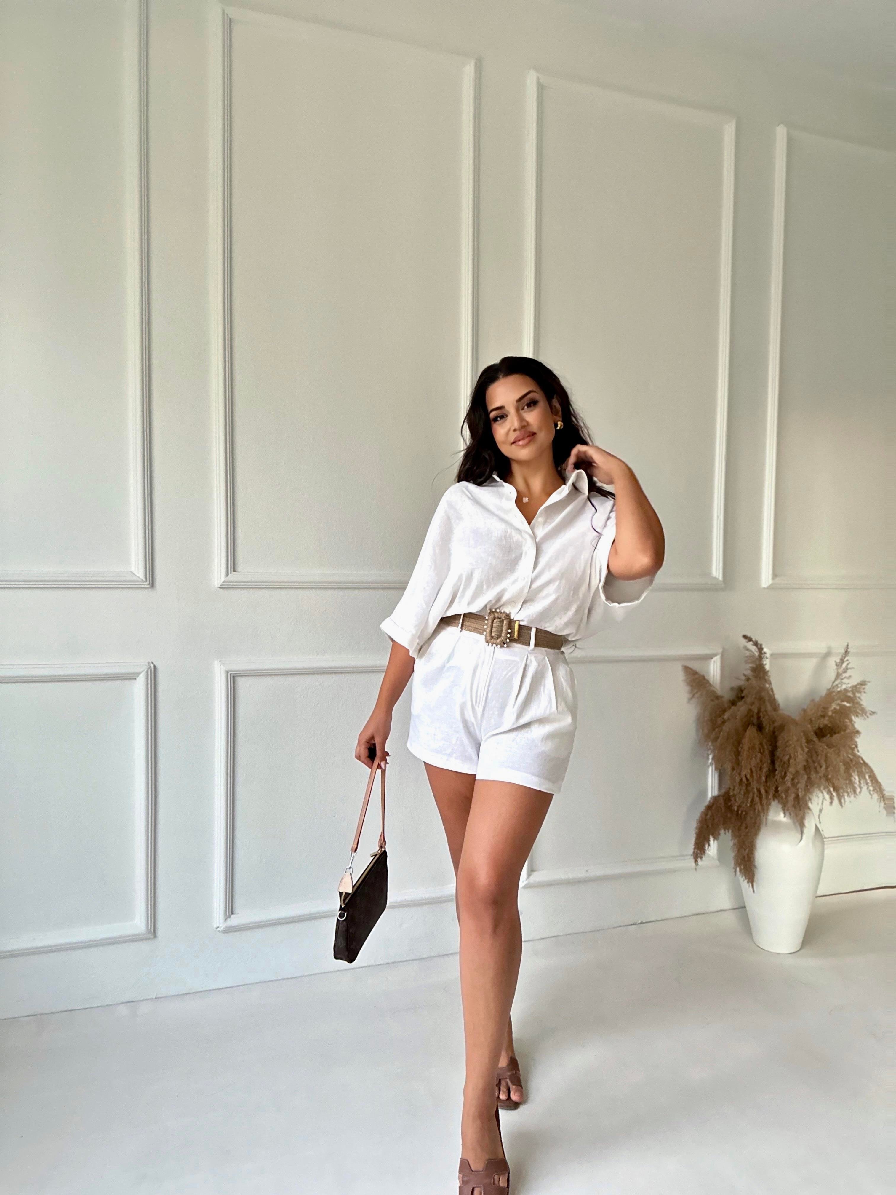 Premium Kalite Keten Kemerli Gömlek Şort Takım Beyaz