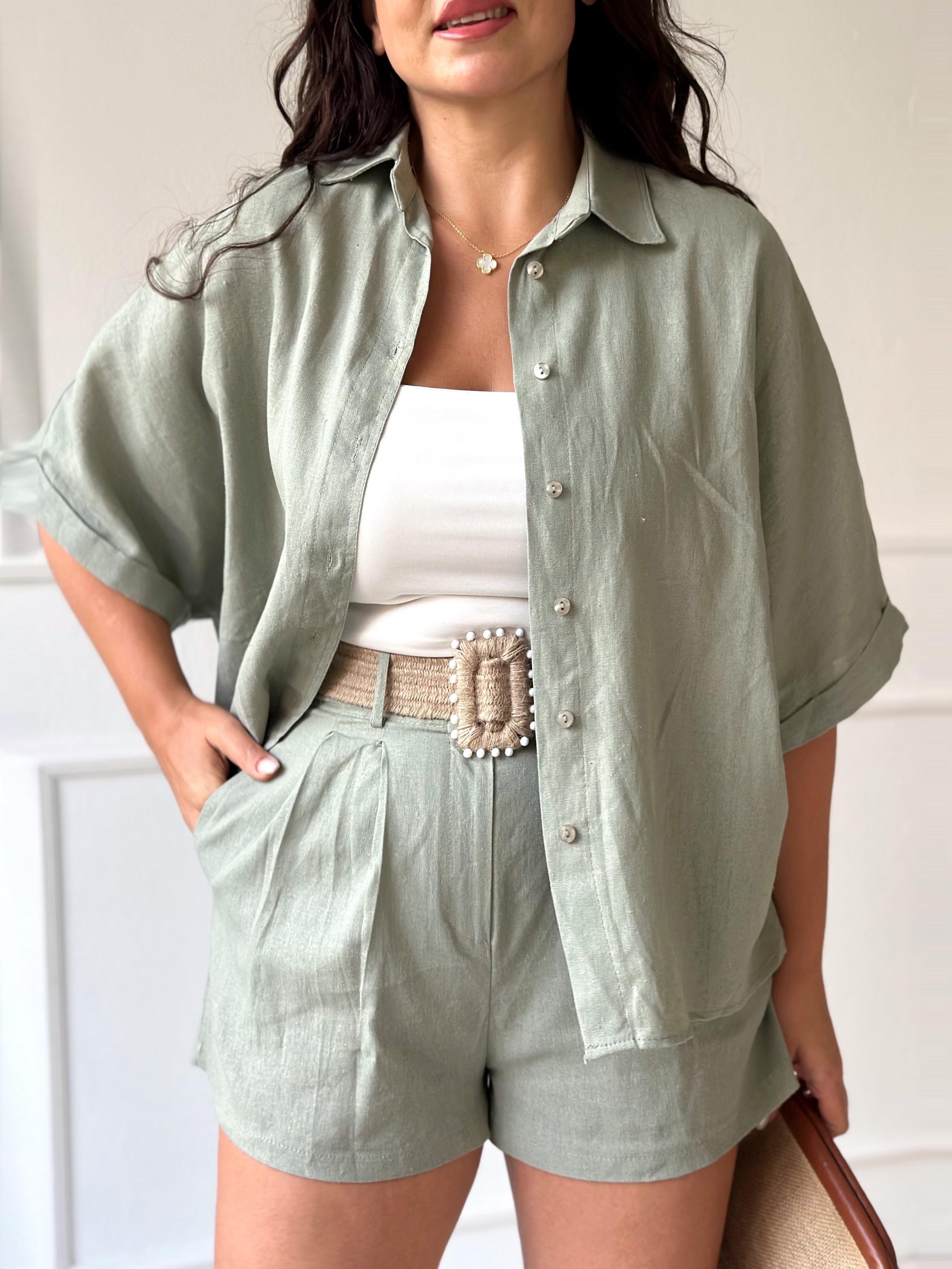 Premium Kalite Keten Kemerli Gömlek Şort Takım Çağla Yeşili