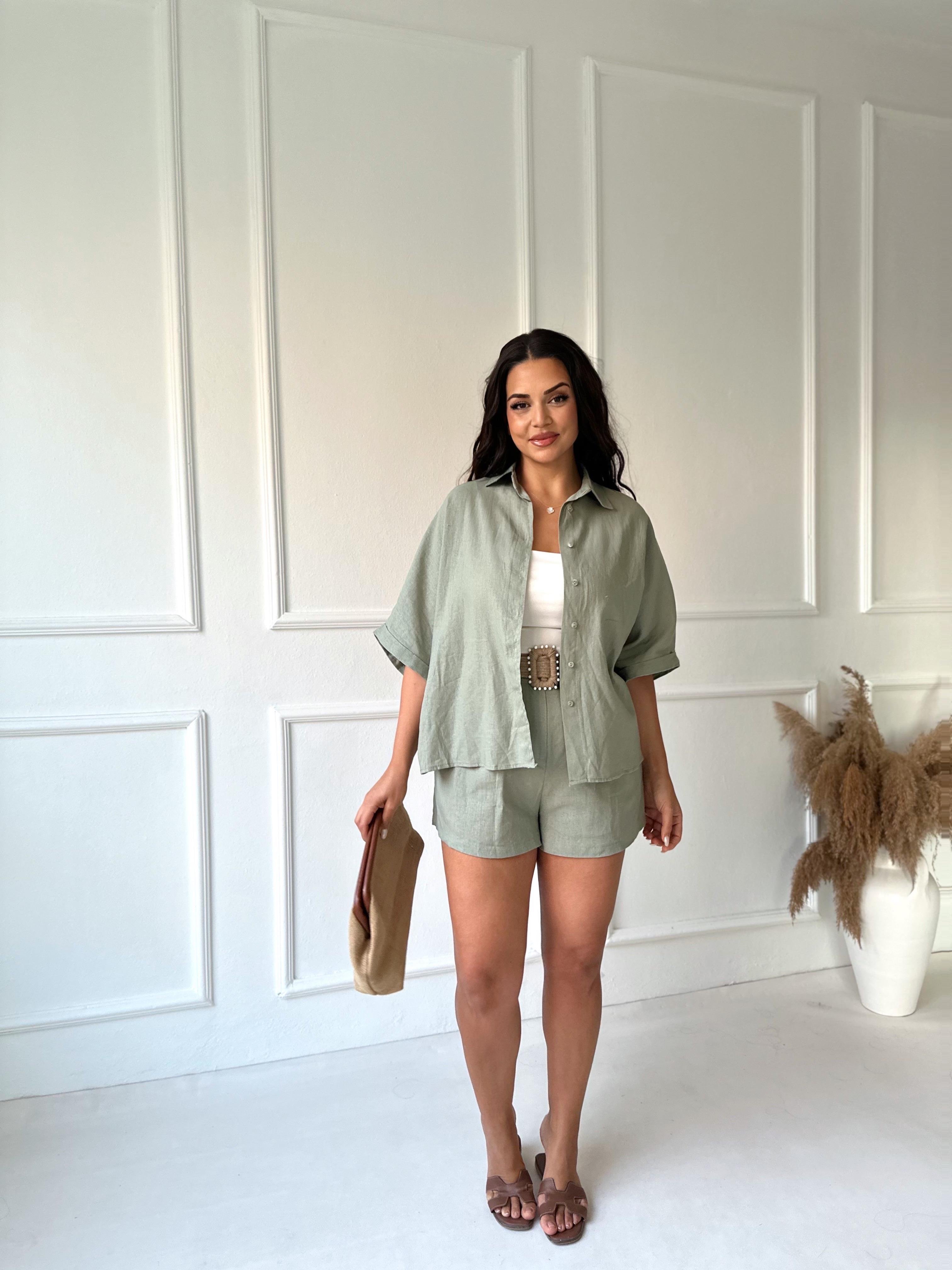 Premium Kalite Keten Kemerli Gömlek Şort Takım Çağla Yeşili