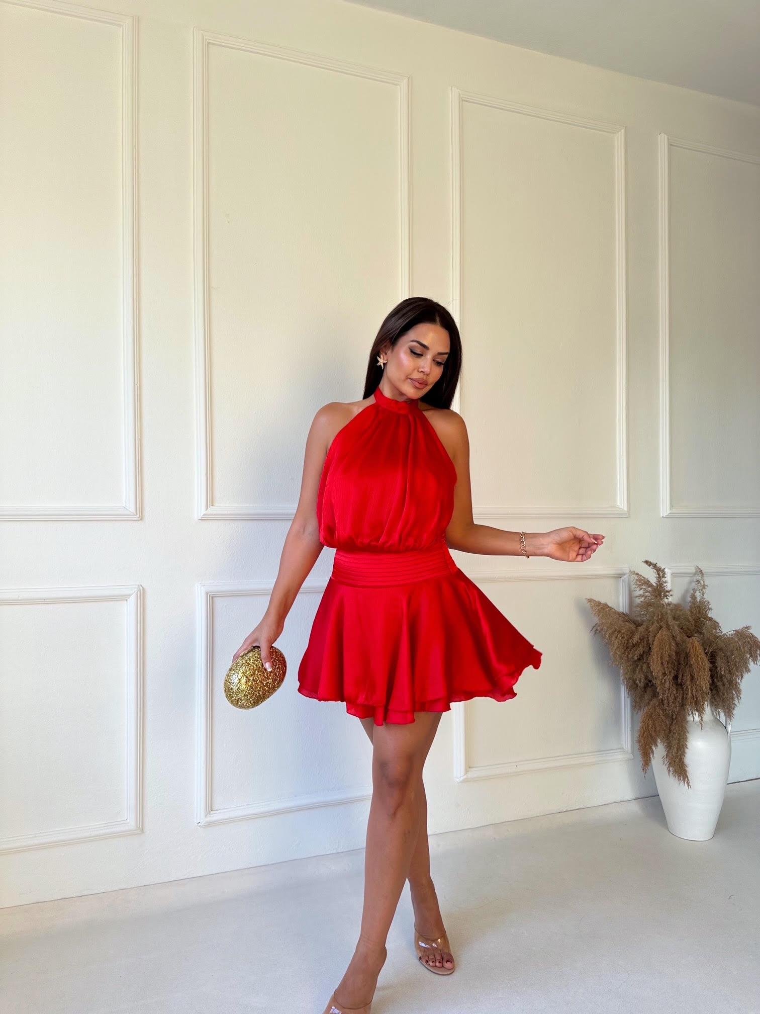 Premium Kalite Kırmızı Belden Oturtmalı Volanlı Mini Elbise