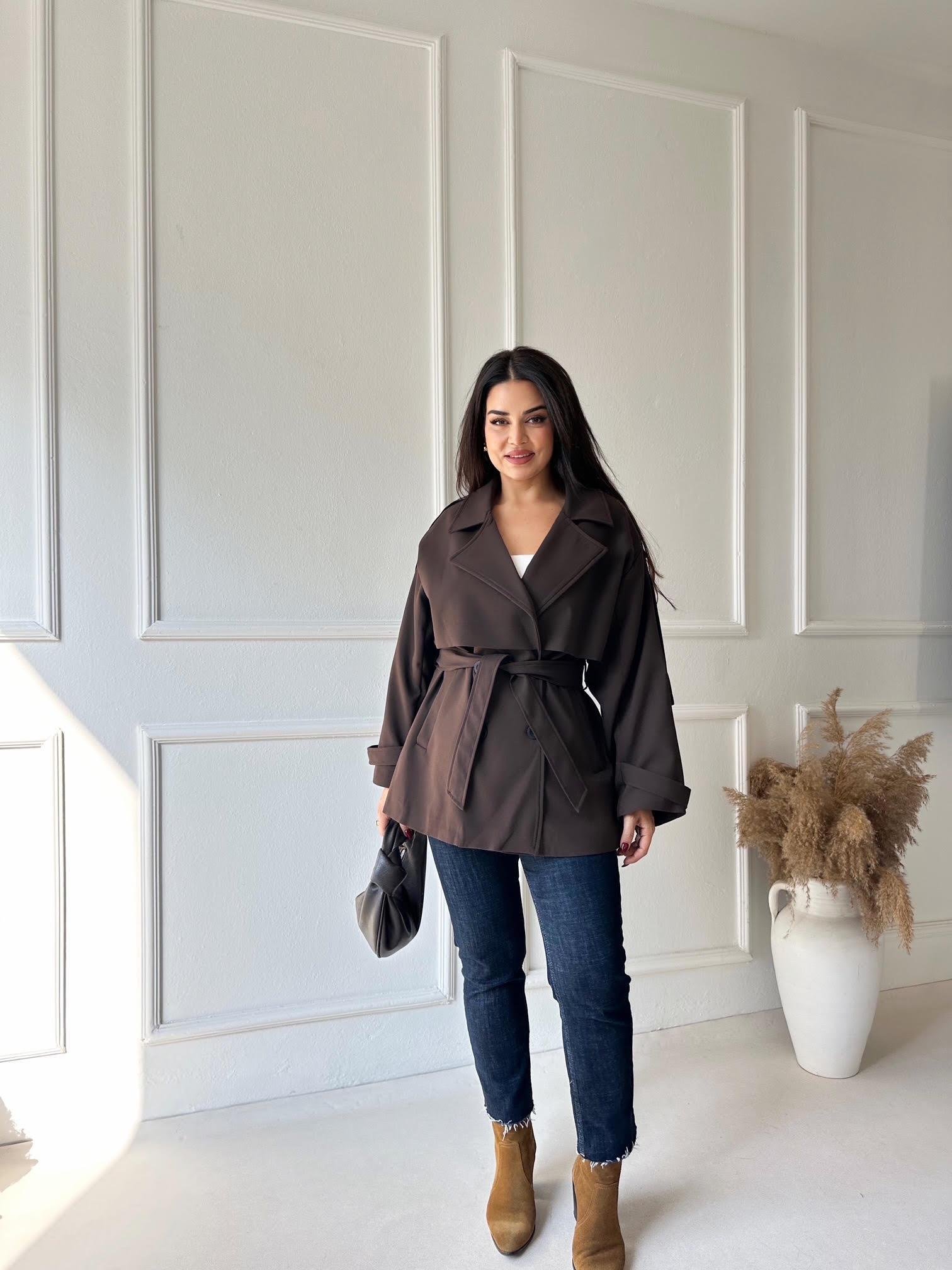 Premium Kalite Kısa Kuşaklı Trenchcoat – Acı Kahve