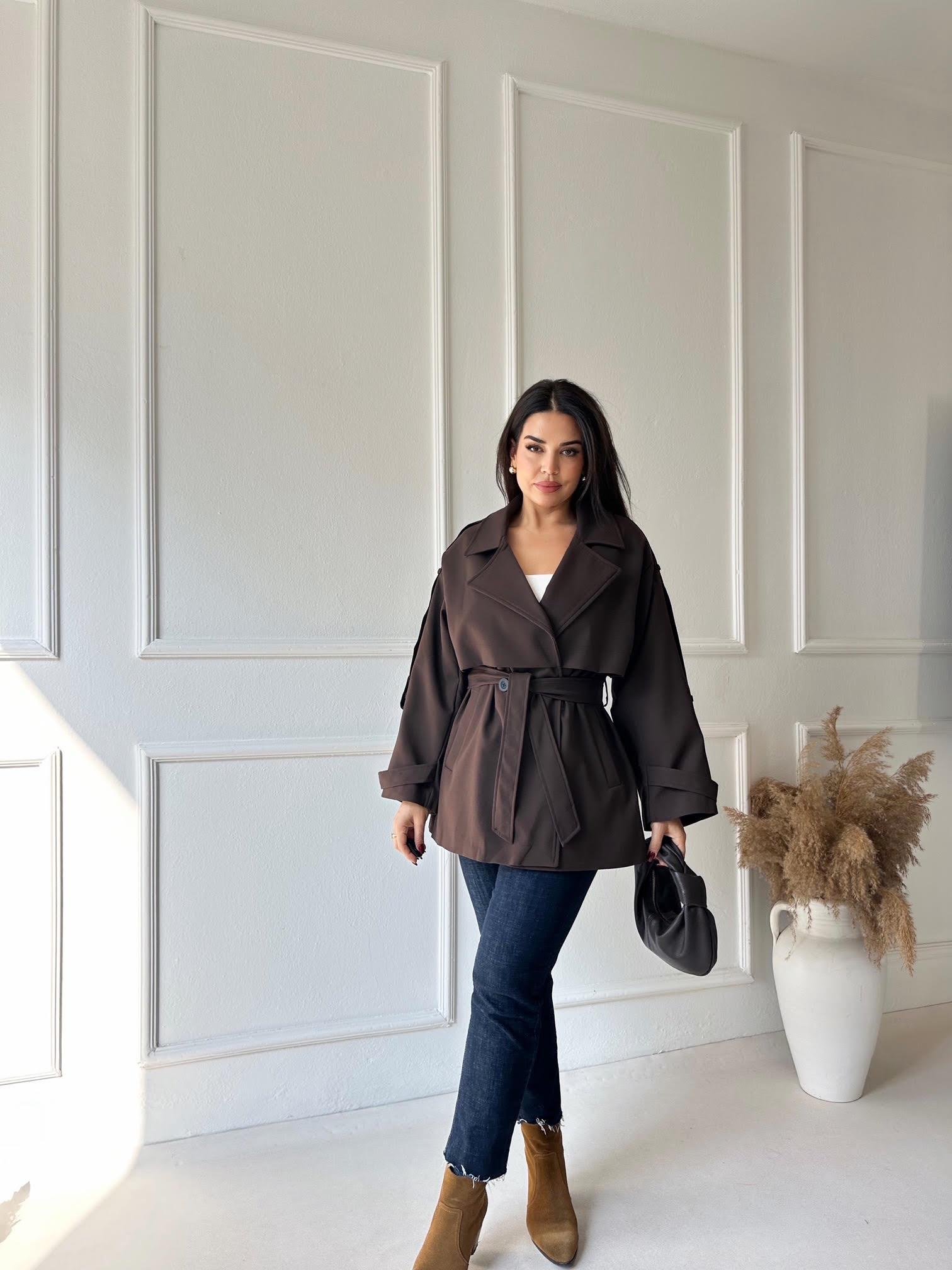 Premium Kalite Kısa Kuşaklı Trenchcoat – Acı Kahve