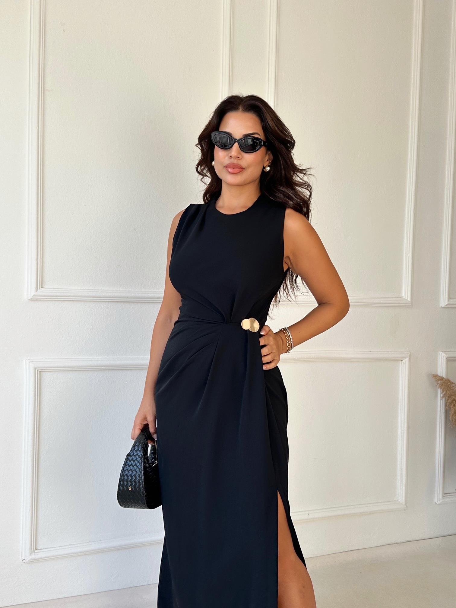 Premium Kalite Kolsuz Drape Detaylı Midi Elbise - Siyah