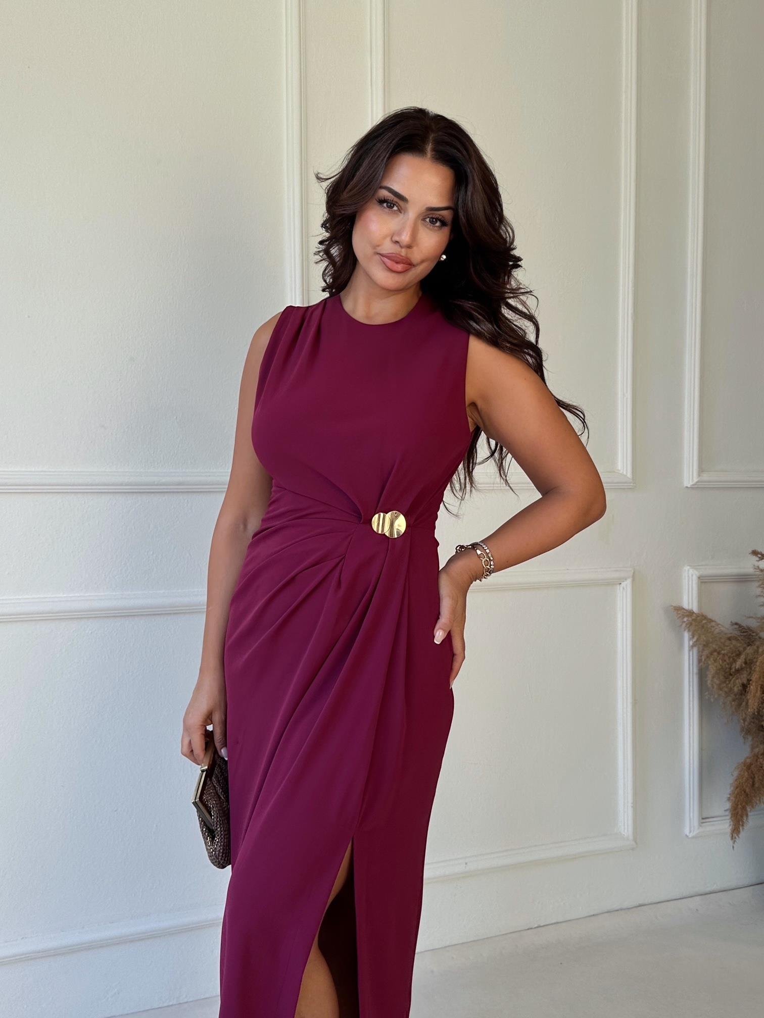 Premium Kalite Kolsuz Drape Detaylı Midi Elbise - Vişne