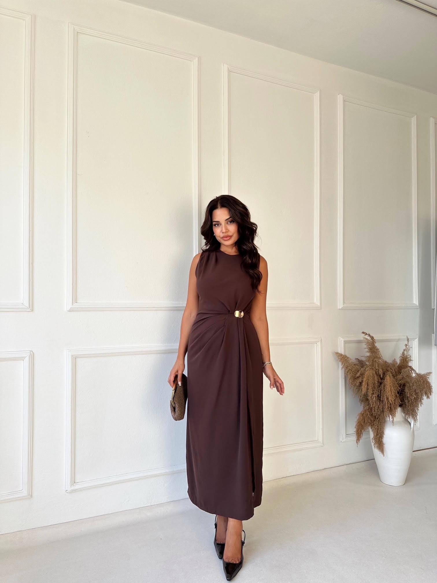 Premium Kalite Kolsuz Drape Detaylı Midi Elbise - Acı Kahve 