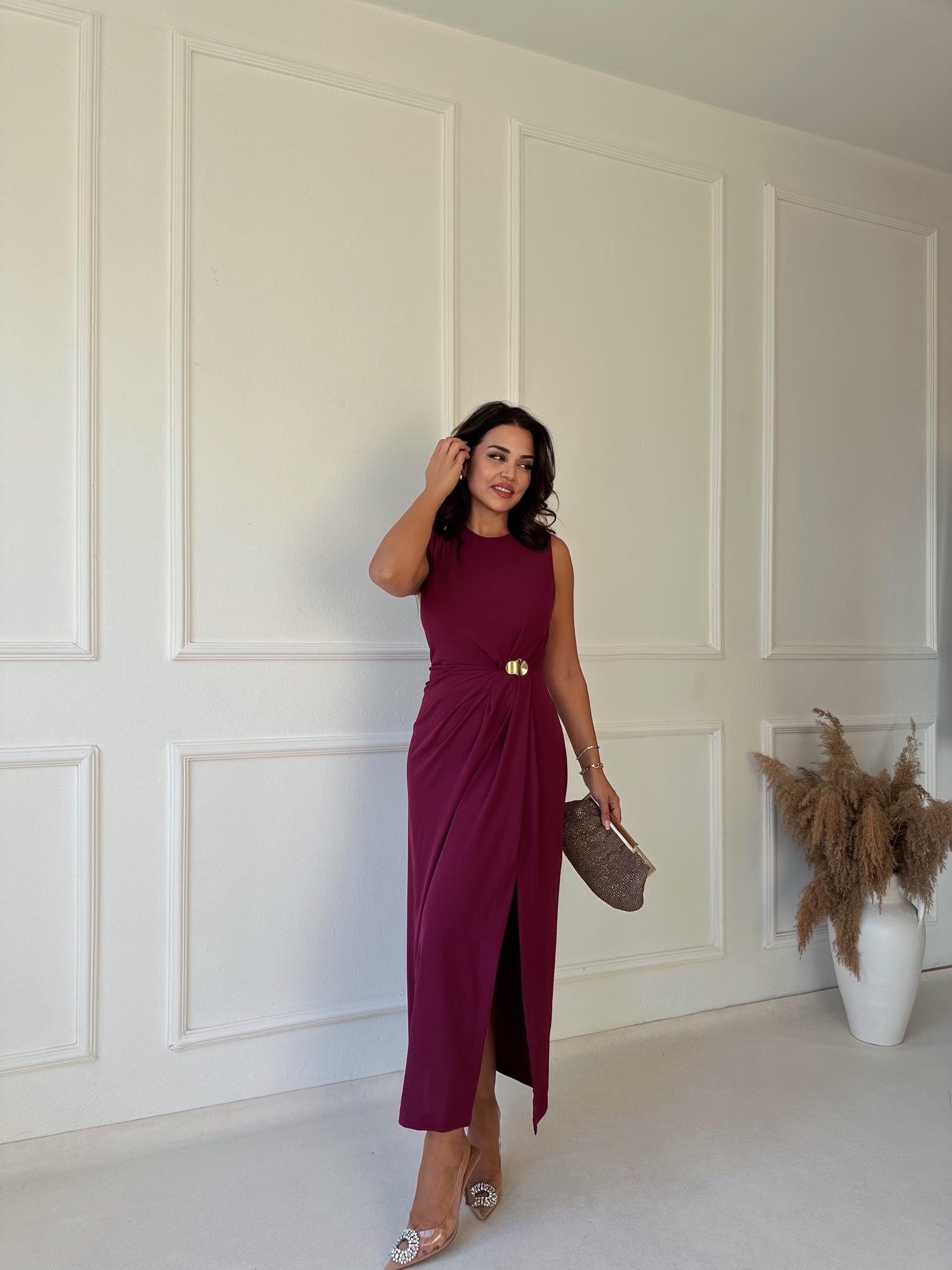 Premium Kalite Kolsuz Drape Detaylı Midi Elbise - Vişne