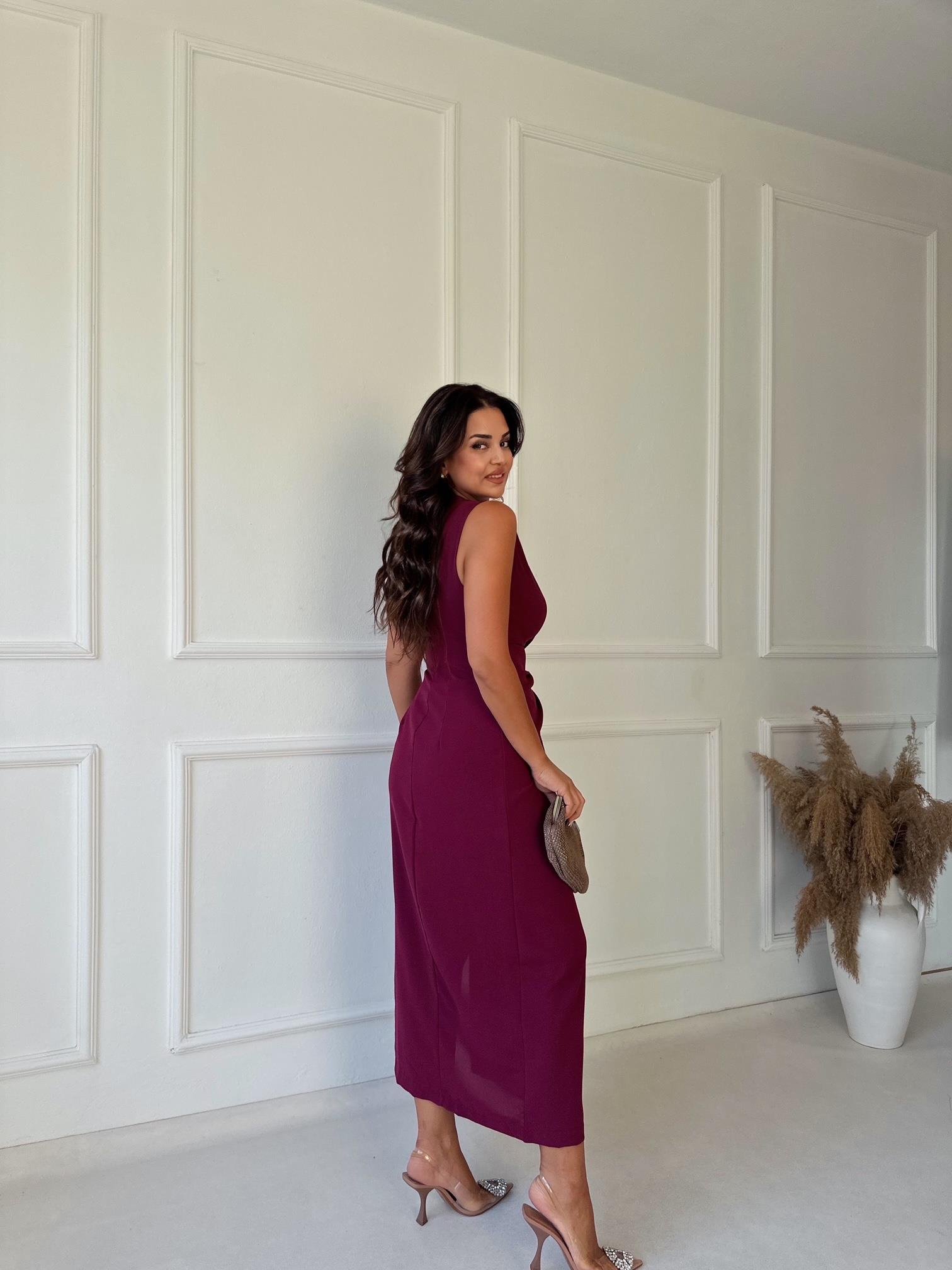 Premium Kalite Kolsuz Drape Detaylı Midi Elbise - Vişne