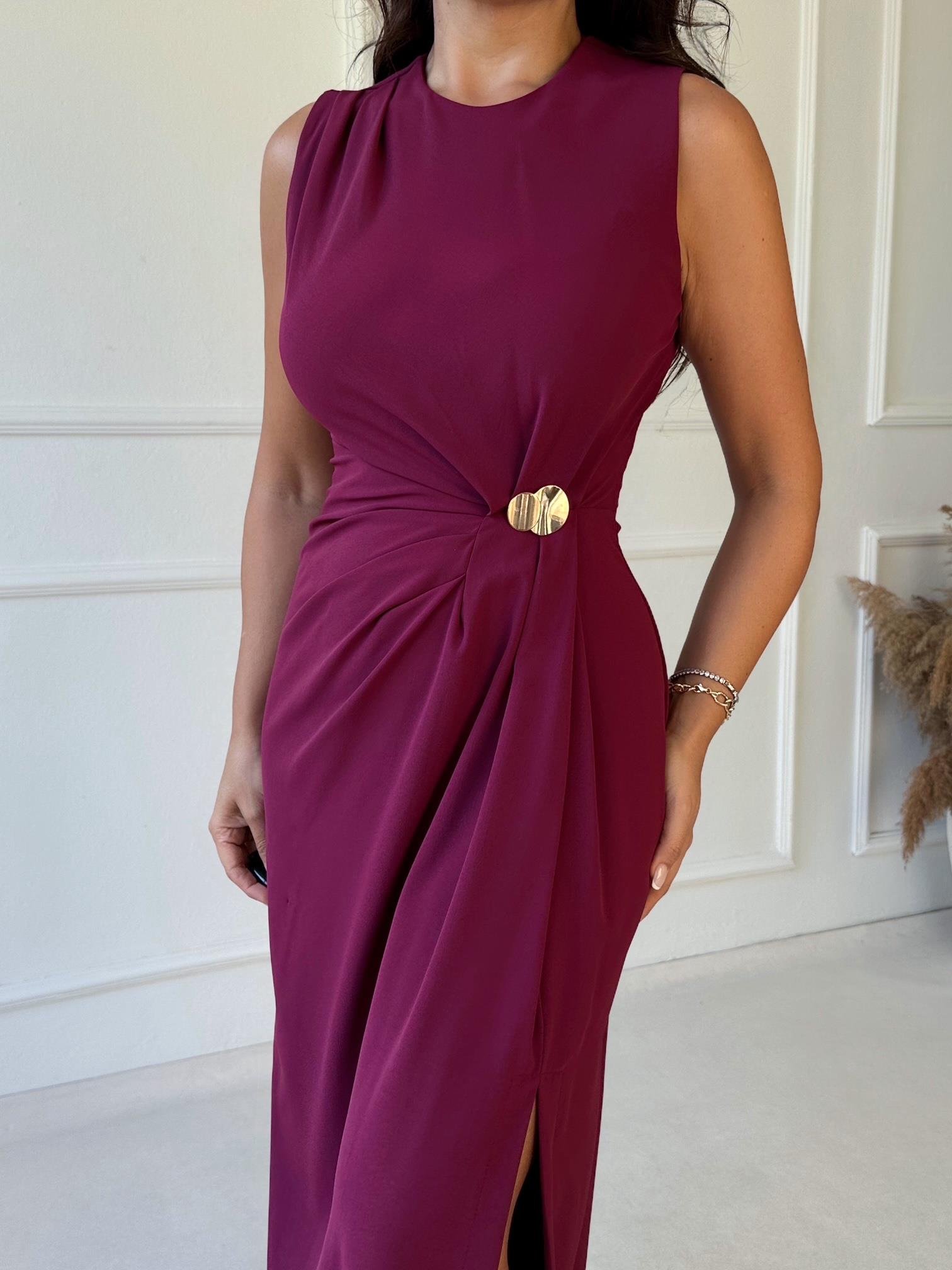 Premium Kalite Kolsuz Drape Detaylı Midi Elbise - Vişne