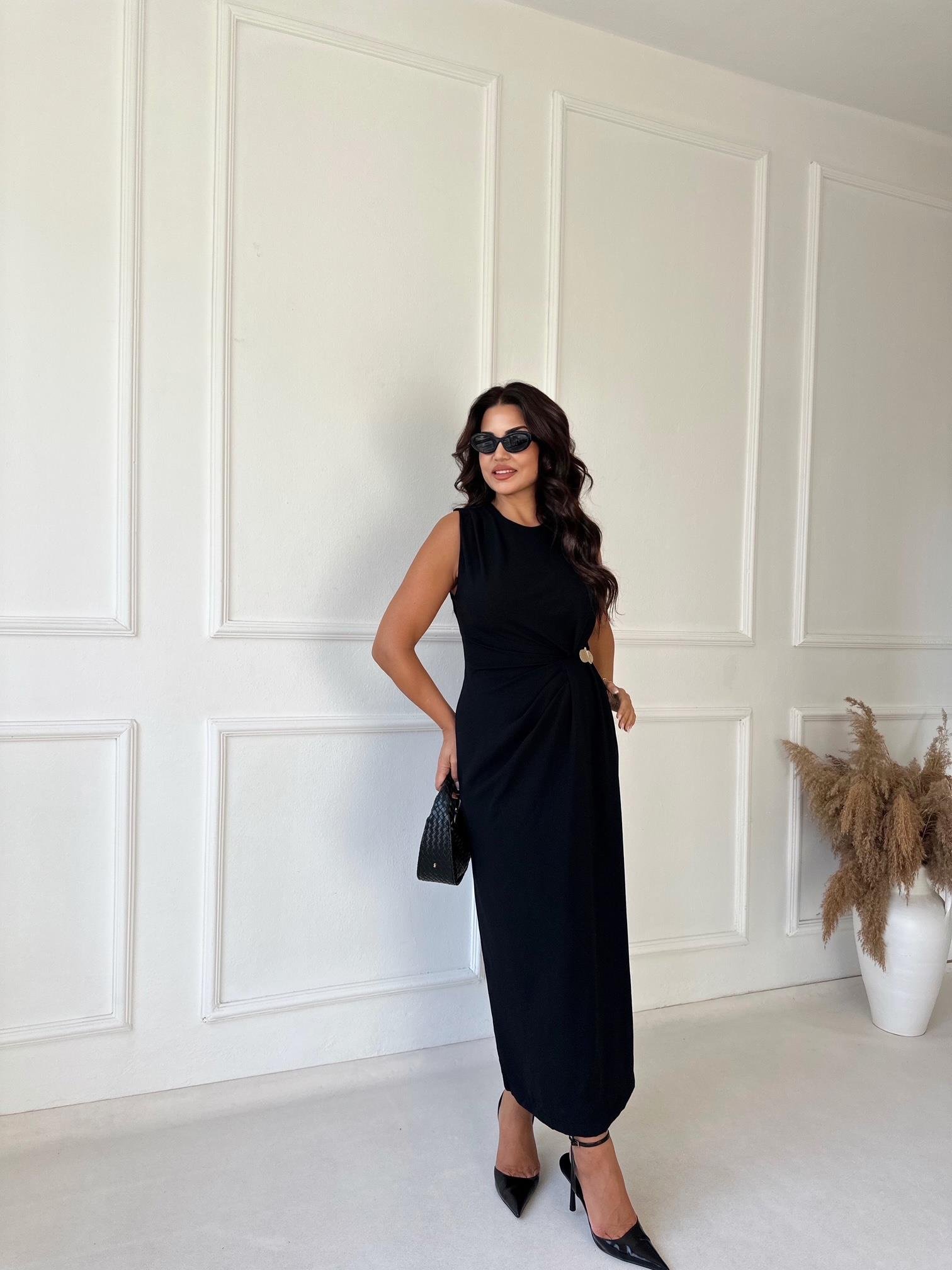 Premium Kalite Kolsuz Drape Detaylı Midi Elbise - Siyah