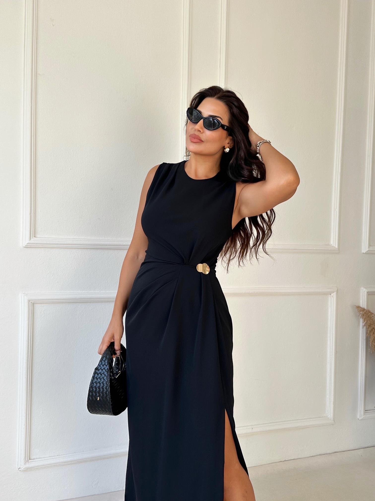 Premium Kalite Kolsuz Drape Detaylı Midi Elbise - Siyah