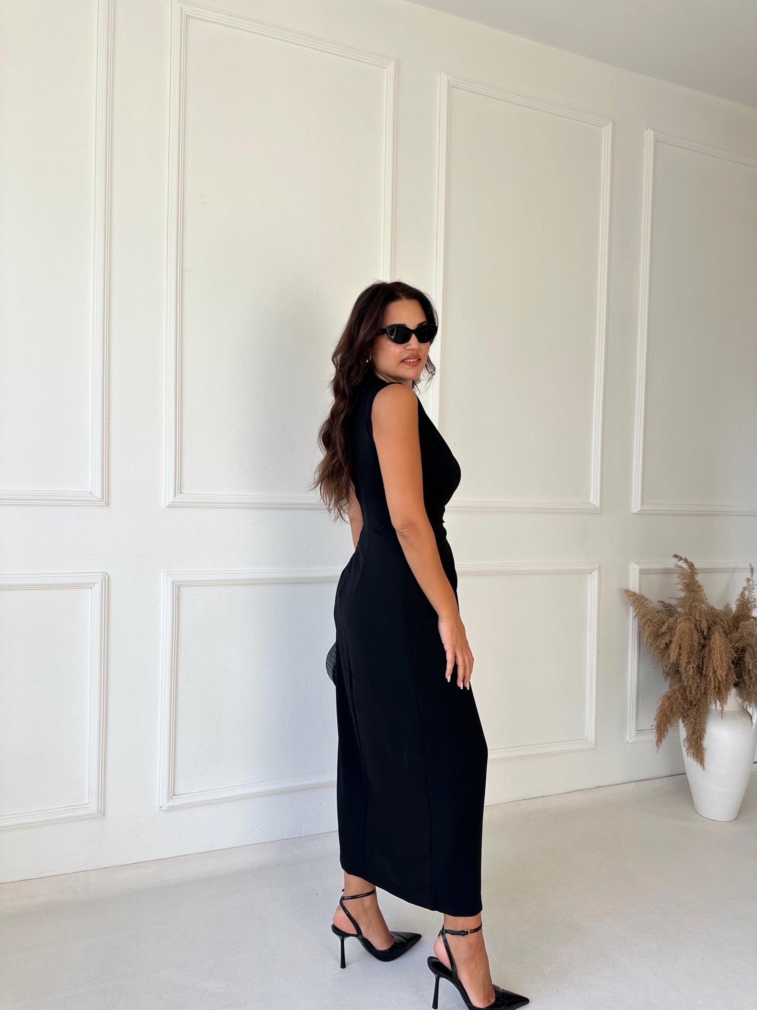 Premium Kalite Kolsuz Drape Detaylı Midi Elbise - Siyah