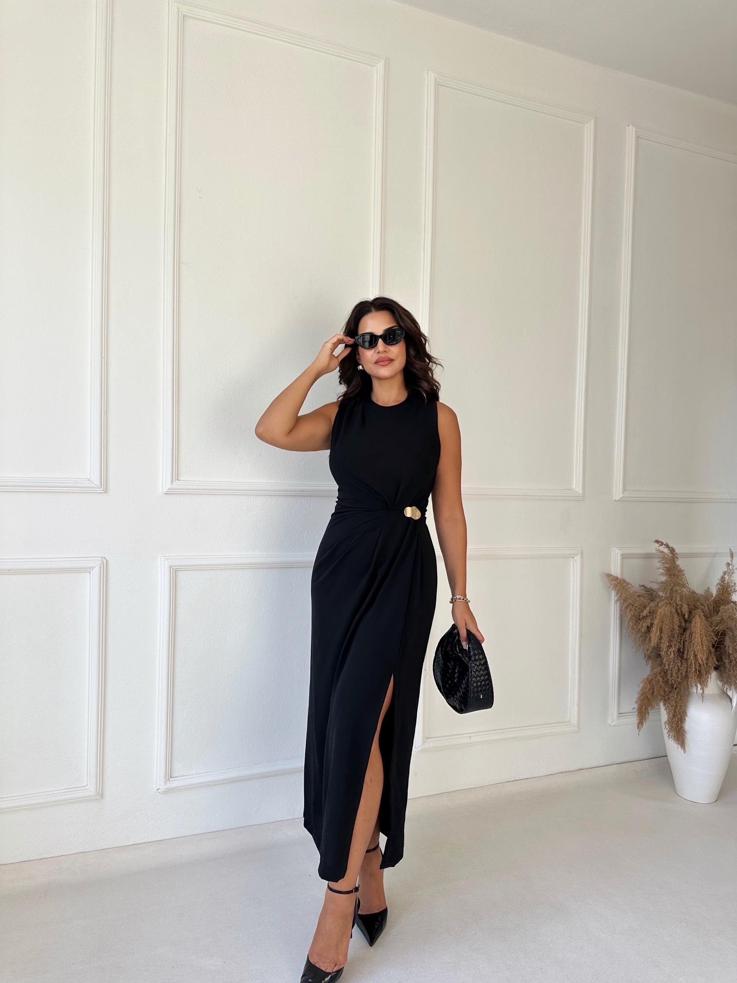 Premium Kalite Kolsuz Drape Detaylı Midi Elbise - Siyah