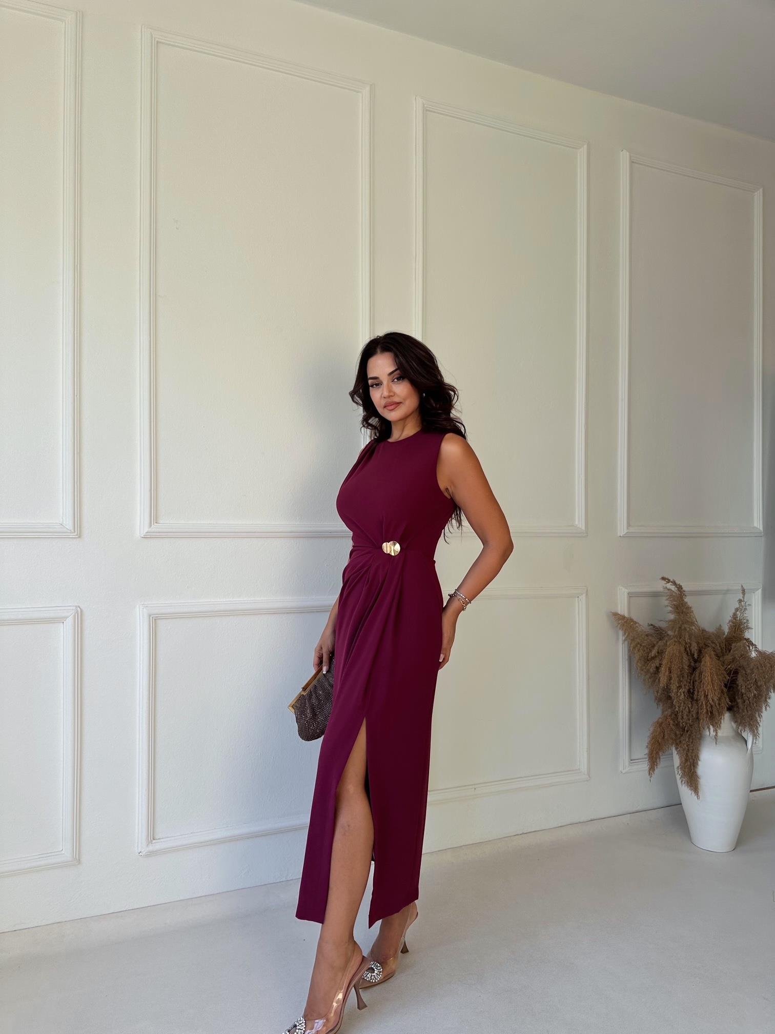 Premium Kalite Kolsuz Drape Detaylı Midi Elbise - Vişne