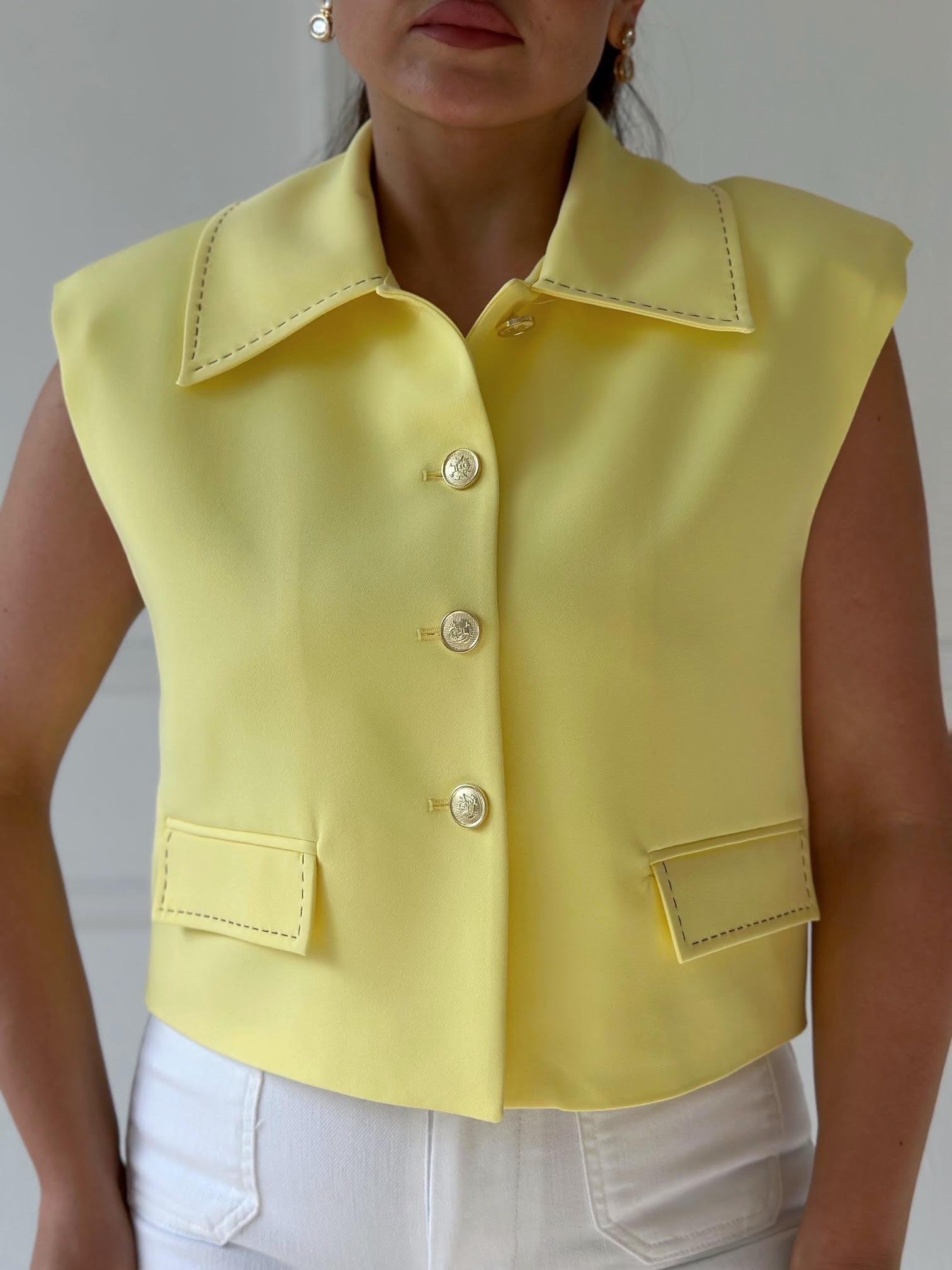 Premium Kalite Kontrast Dikiş Detaylı Yelek-Sarı