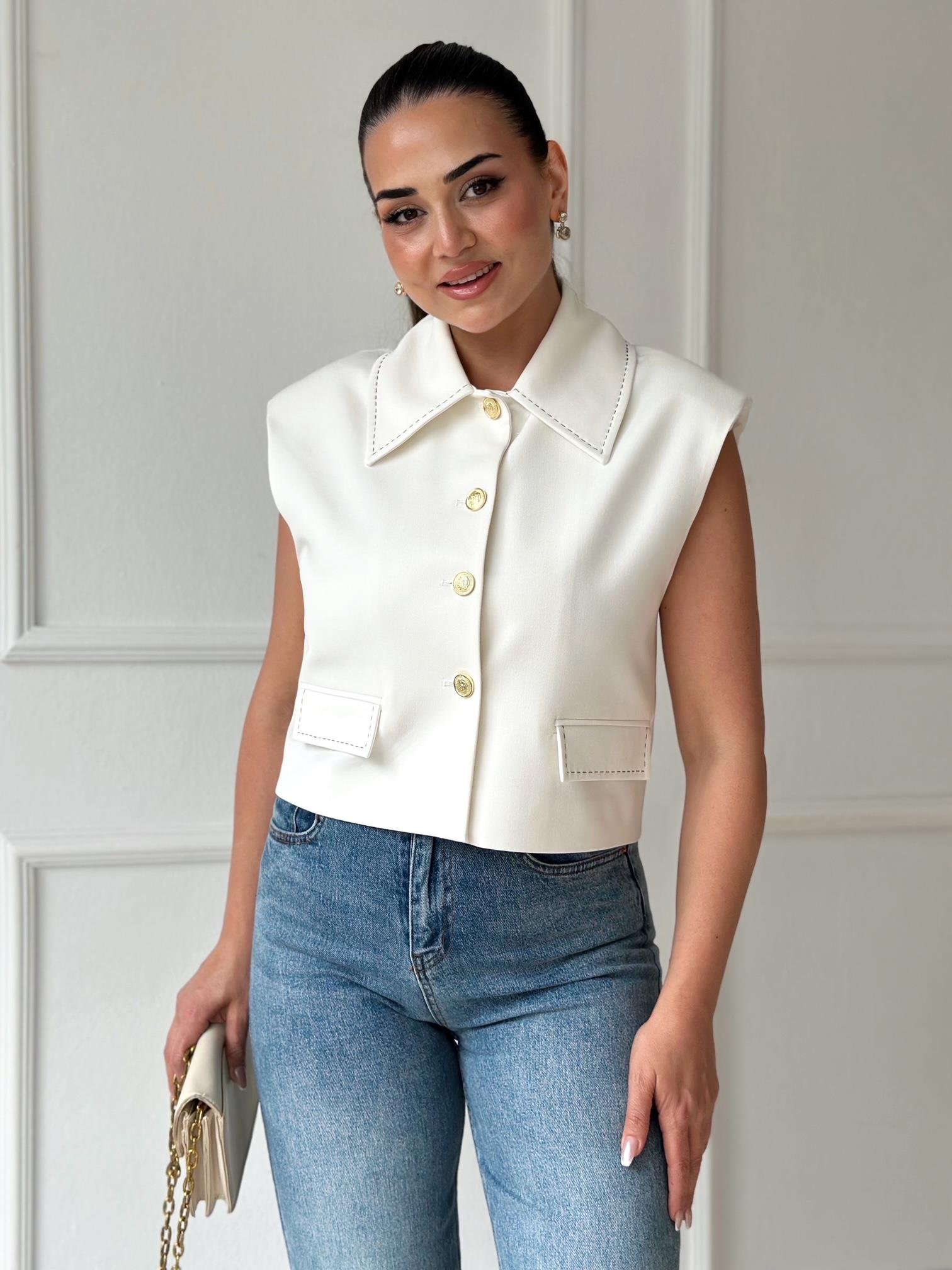 Premium Kalite Kontrast Dikiş Detaylı Yelek-Beyaz