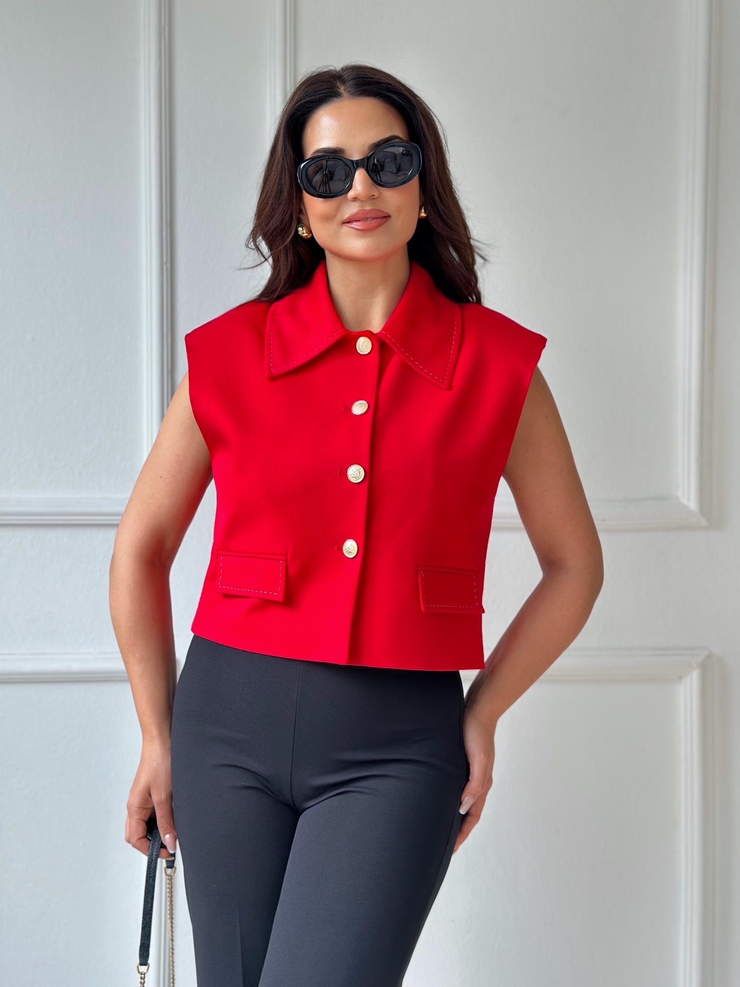 Premium Kalite Kontrast Dikiş Detaylı Yelek-Kırmızı