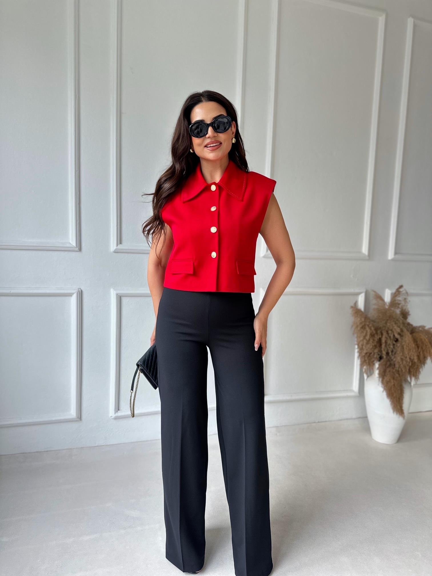 Premium Kalite Kontrast Dikiş Detaylı Yelek-Kırmızı