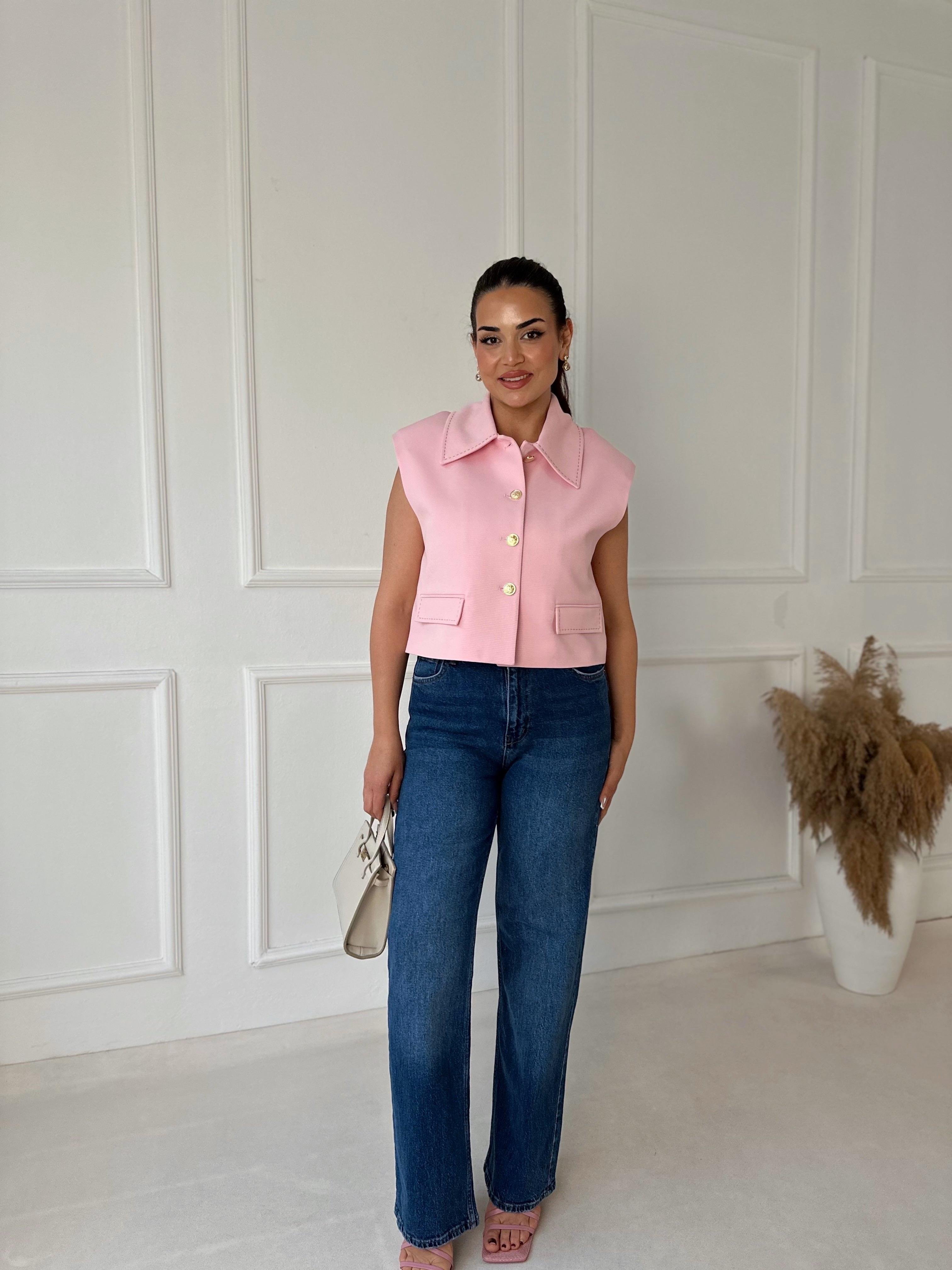 Premium Kalite Kontrast Dikiş Detaylı Yelek-Pembe