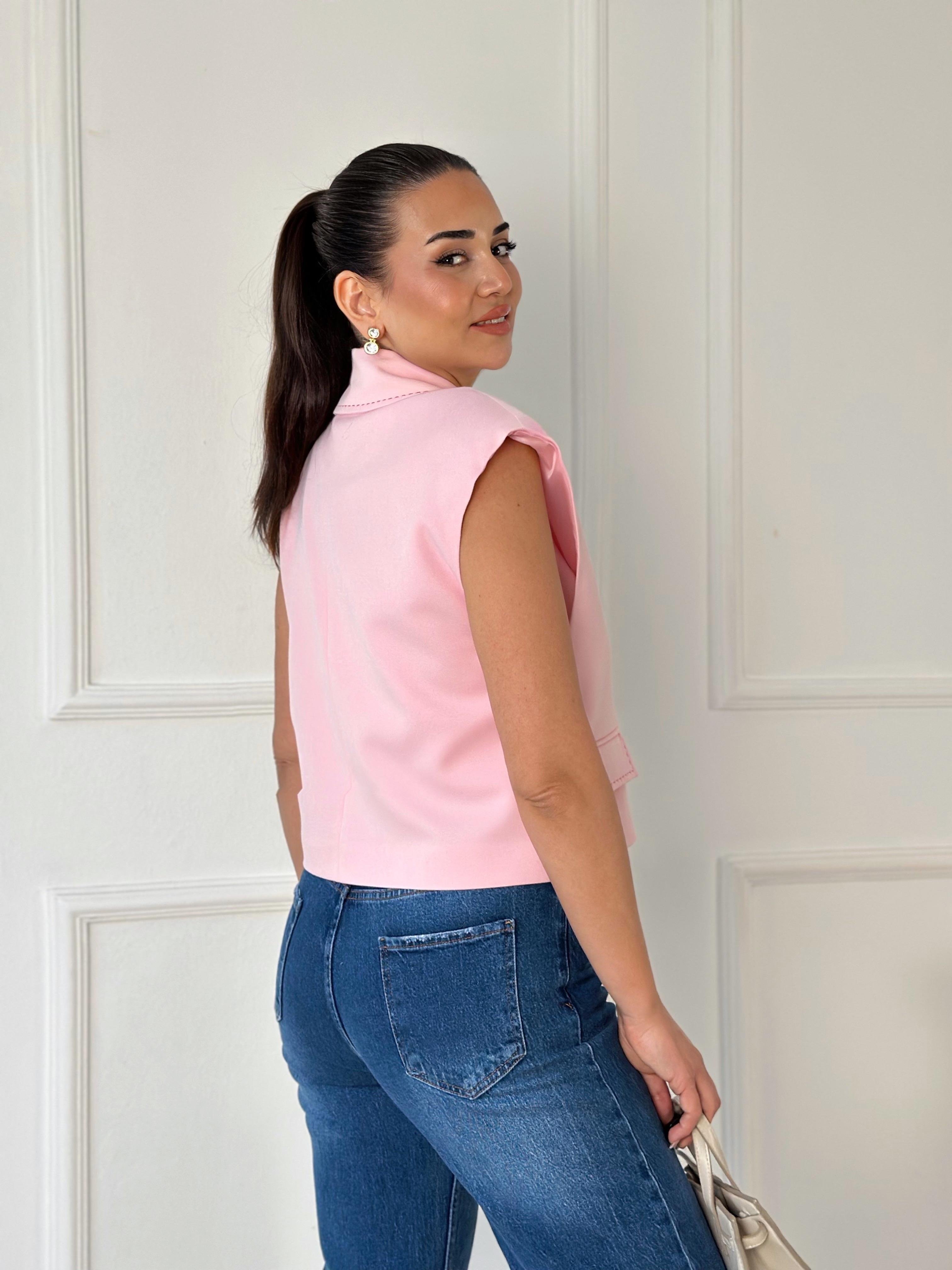 Premium Kalite Kontrast Dikiş Detaylı Yelek-Pembe