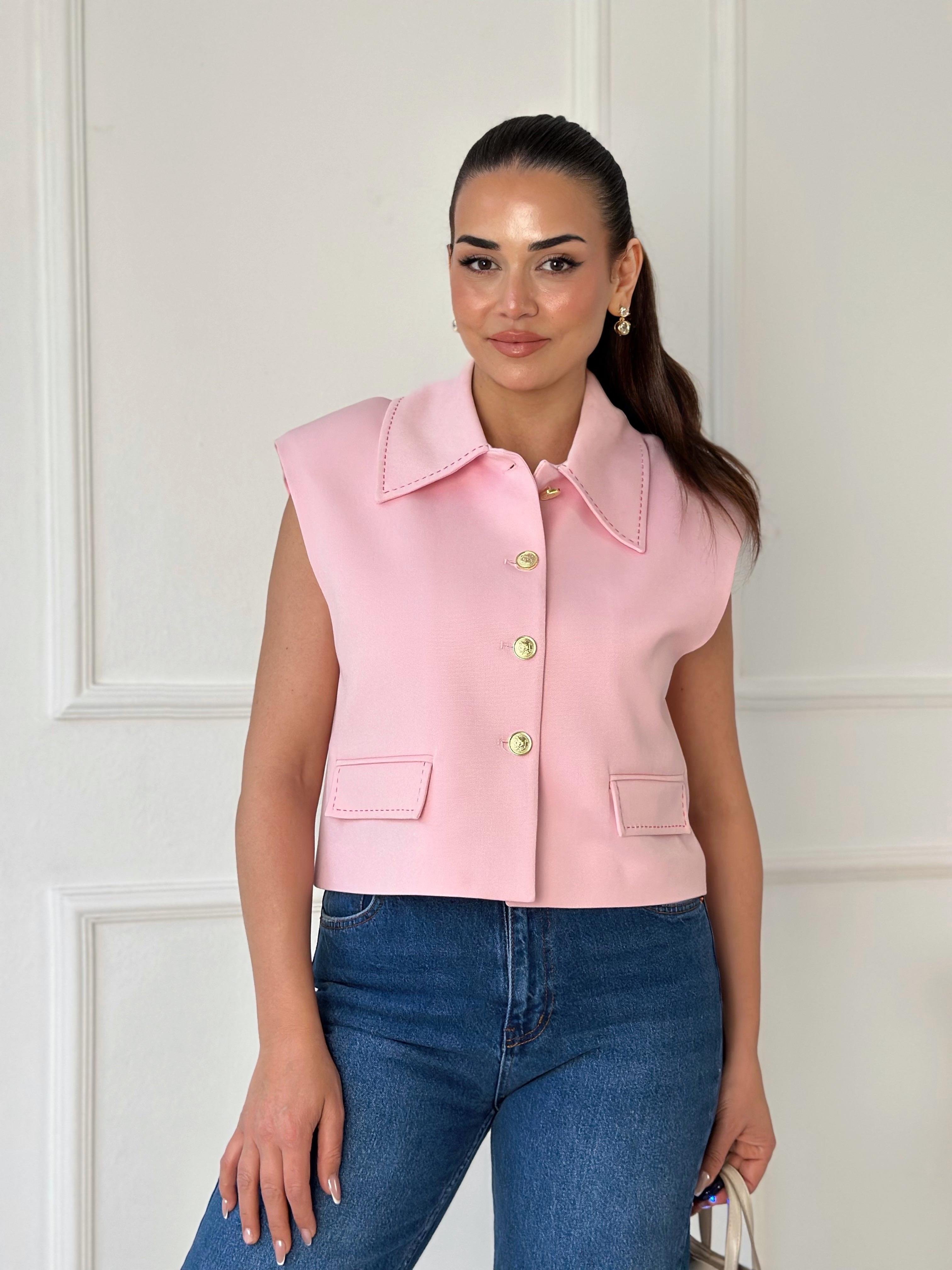 Premium Kalite Kontrast Dikiş Detaylı Yelek-Pembe