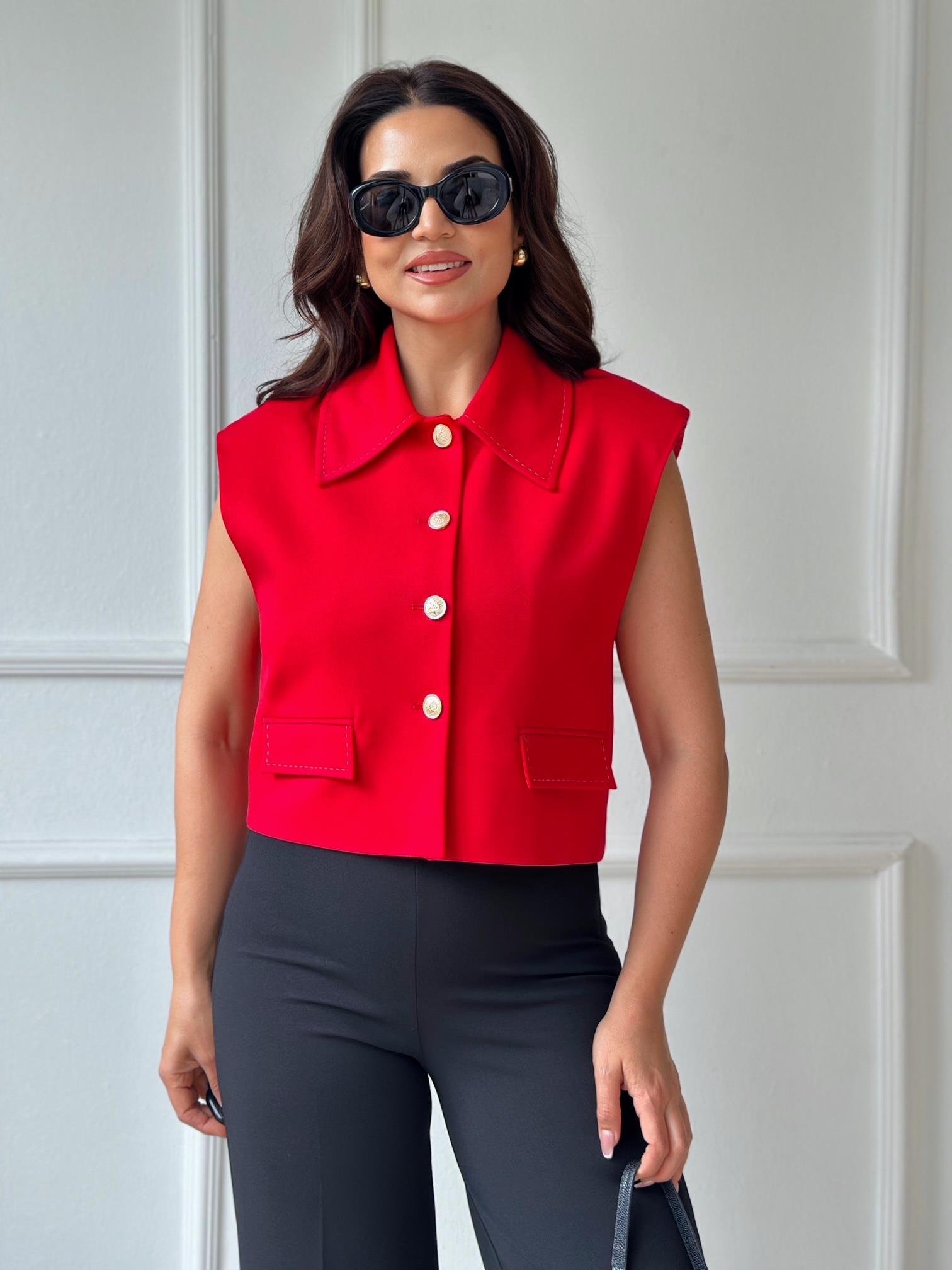 Premium Kalite Kontrast Dikiş Detaylı Yelek-Kırmızı