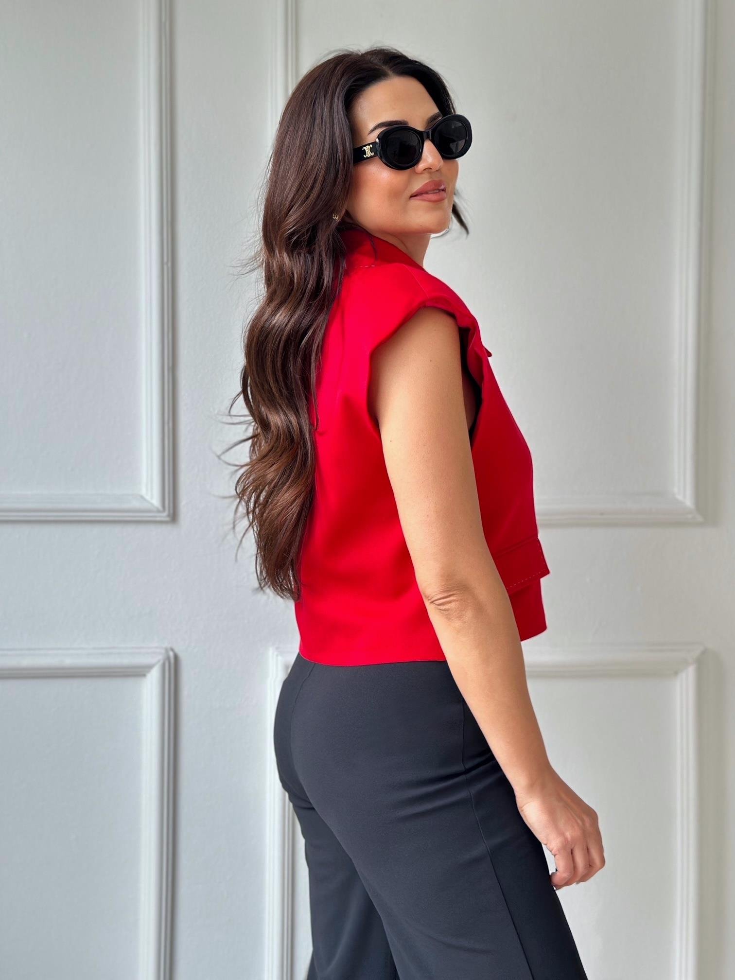 Premium Kalite Kontrast Dikiş Detaylı Yelek-Kırmızı