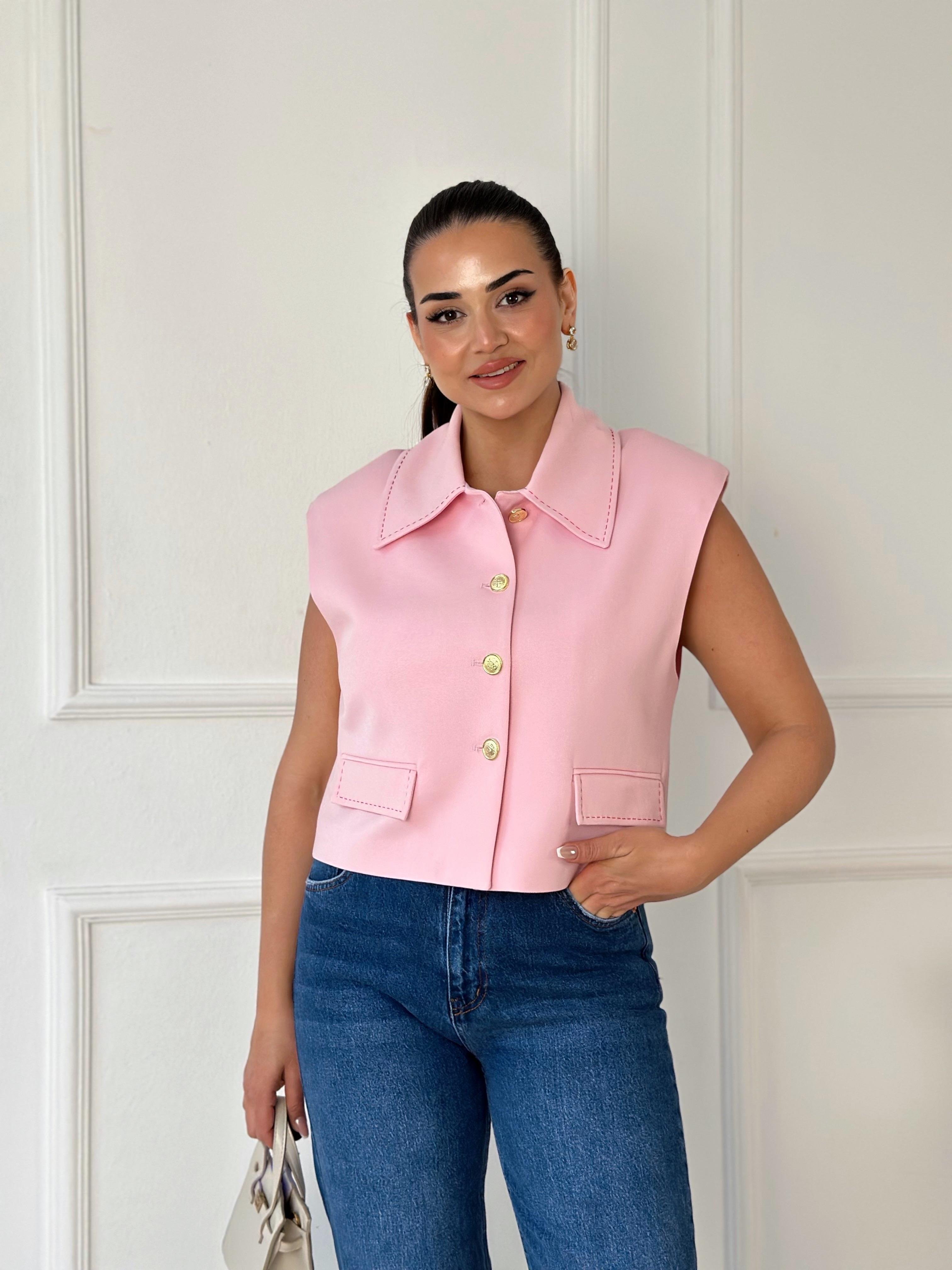 Premium Kalite Kontrast Dikiş Detaylı Yelek-Pembe